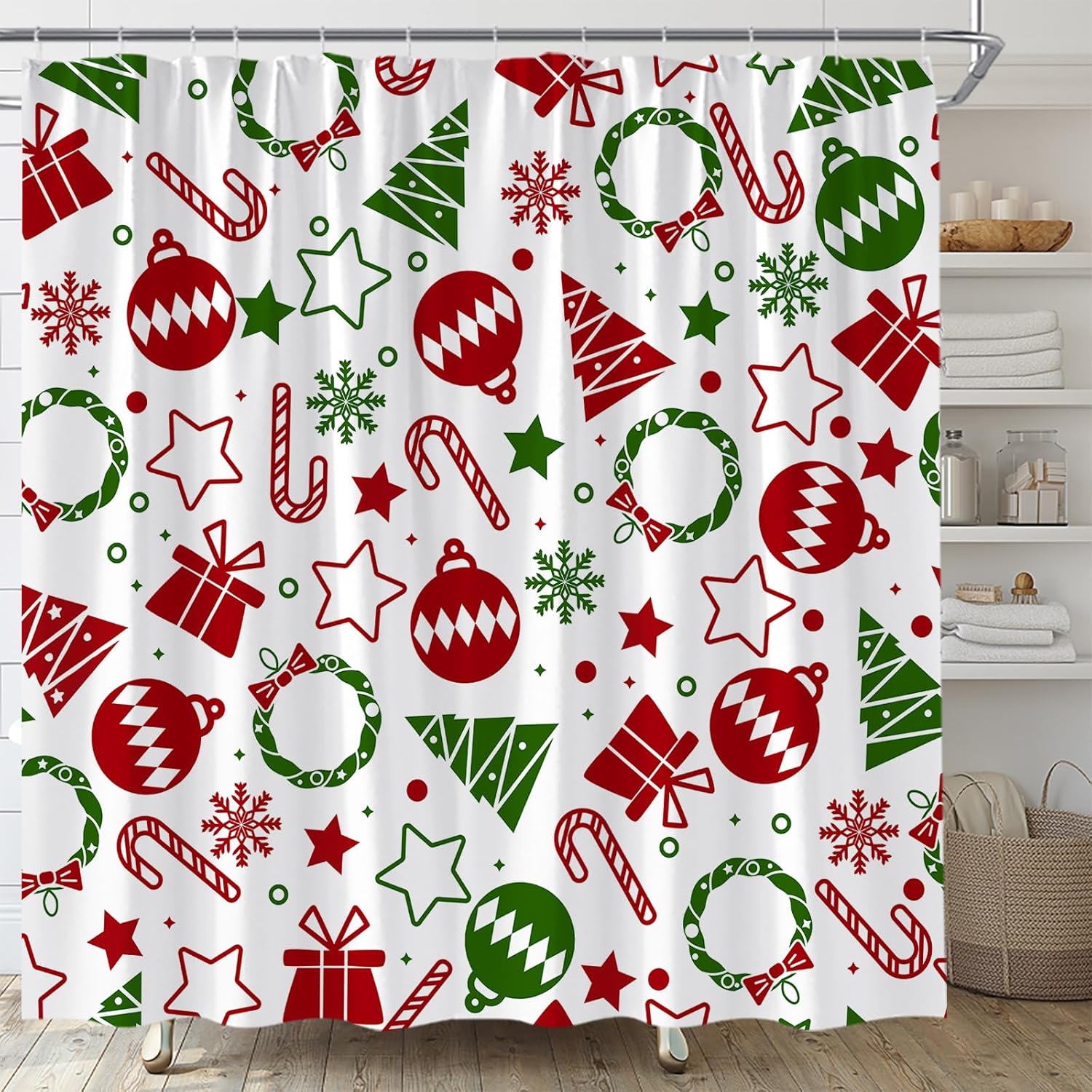 Merry Christmas Shower Curtain Red Green Cute Christmas Tree Xmas Ball Snowflake Wreath Funny Holiday Fabric Bathroom Decor Set with Hooks,(70" Wx74.8 H)