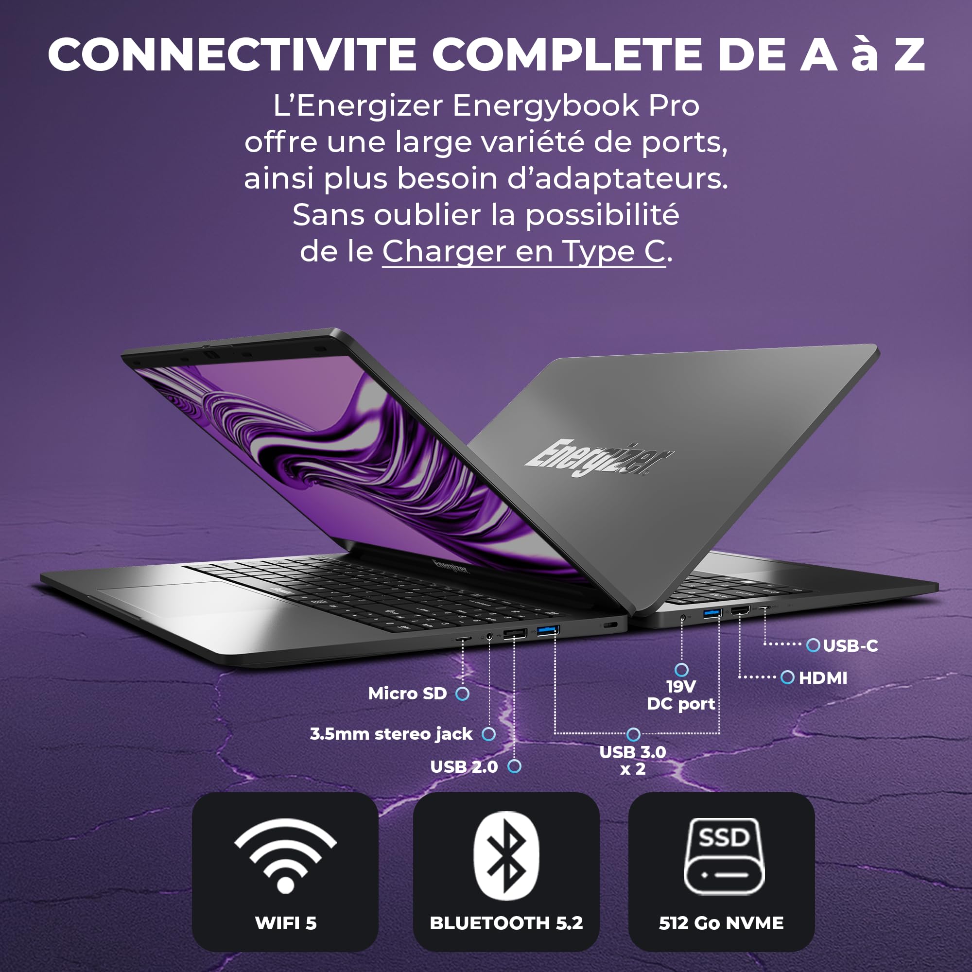 Energizer EnergyBook Pro 18.5 Pouces FHD PC Portable (AMD Ryzen 5 3500U 3,7 GHz, RAM 16Go DDR4, SSD 512Go, AMD Radeon Vega 8, Windows 11) - Clavier AZERTY, Gris