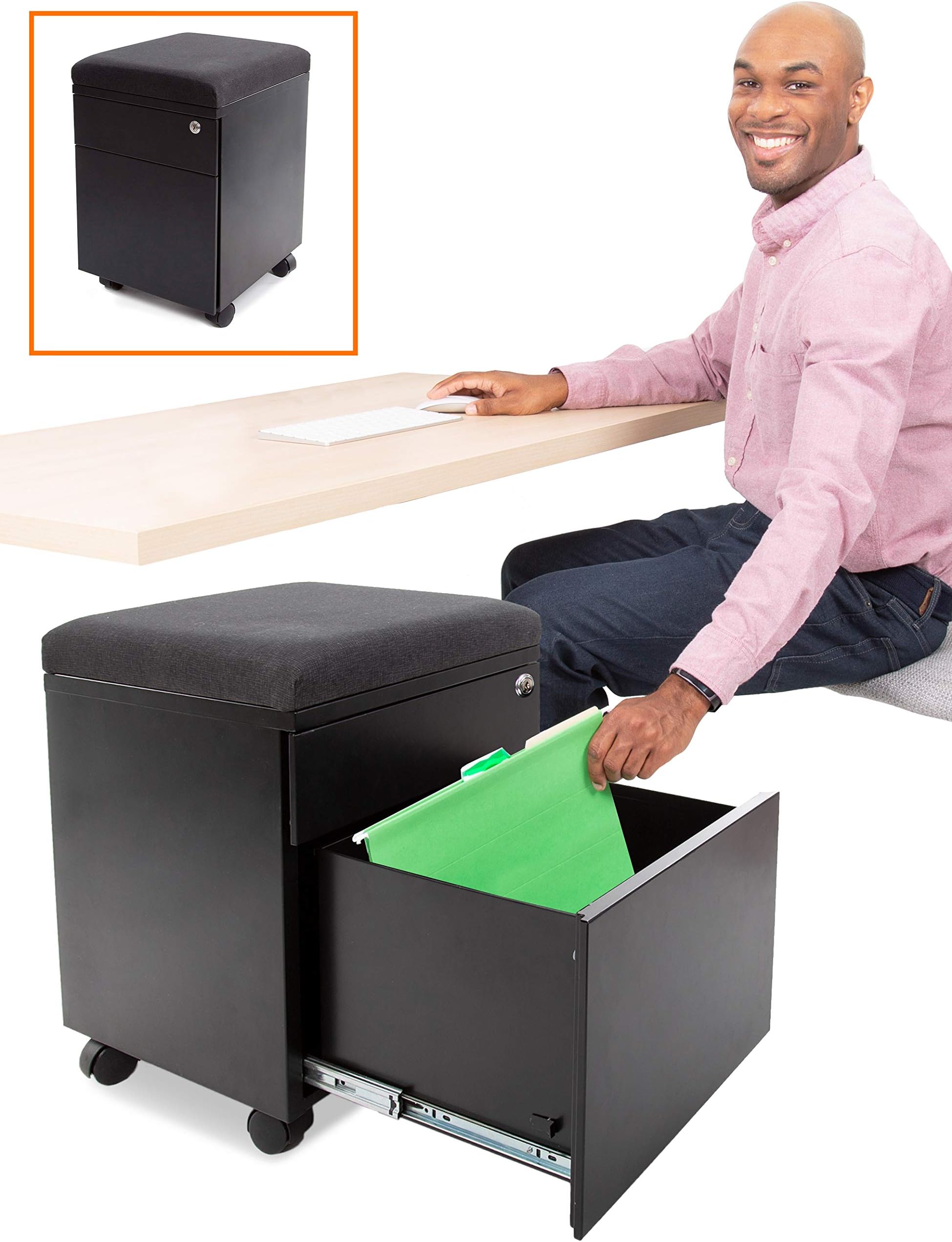 Stand Steady Vert | Rolling File Cabinet | 2 Drawer Mobile File Cabinet with Locking Storage | Small Filing Cabinet with Cushion Top for an Extra Place to Sit | Perfect for Home & Office! (Black)