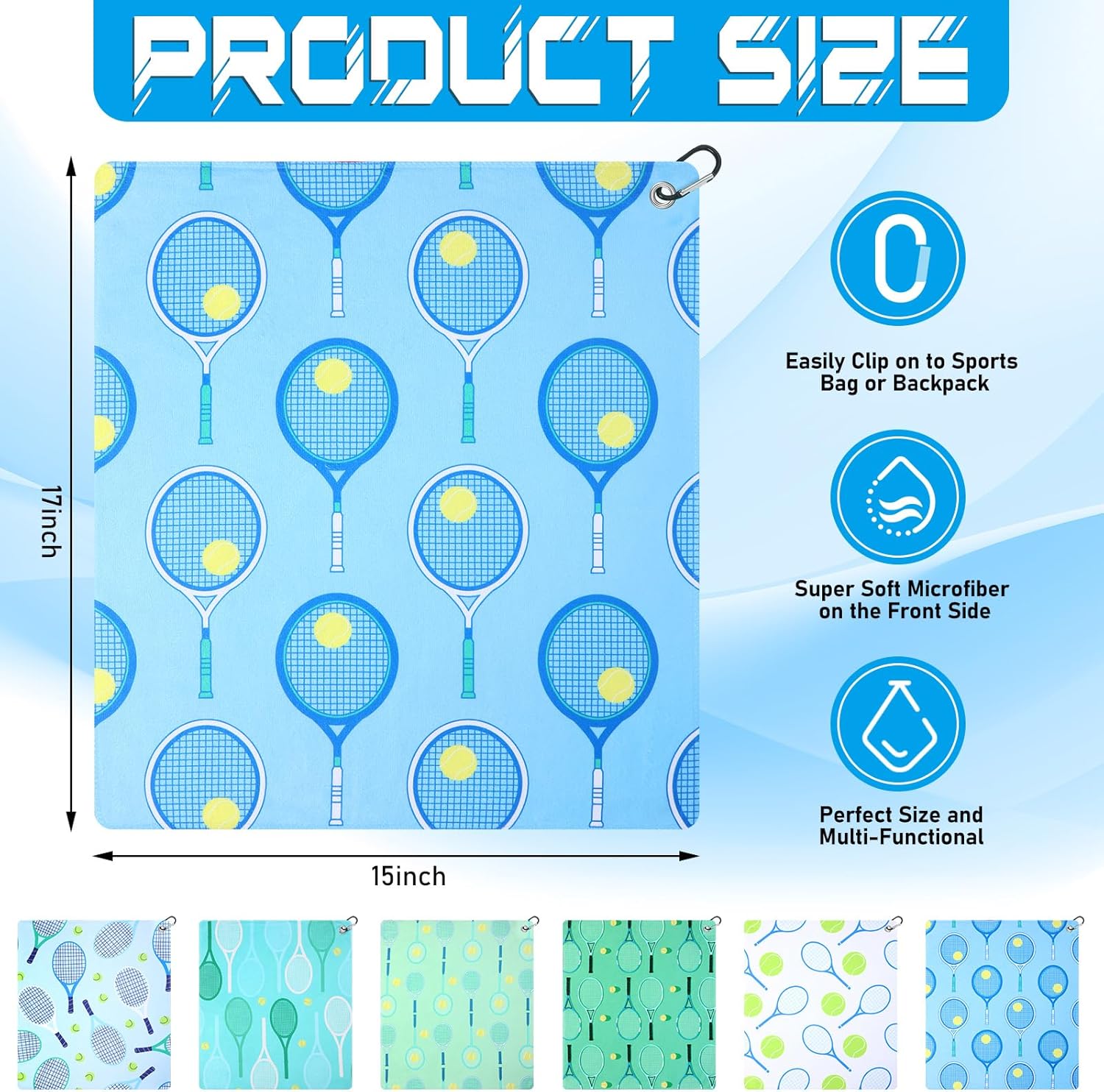 VitalCozy 6 Pcs Tennis Sweat Towel Tennis Gift for Women Cooling Sports Towel with Clip 15 x 17 Inch Absorbent Fast Drying Gym Sport Accessories for Men Team Coach Sport Player Fitness (Fresh) - Image 2