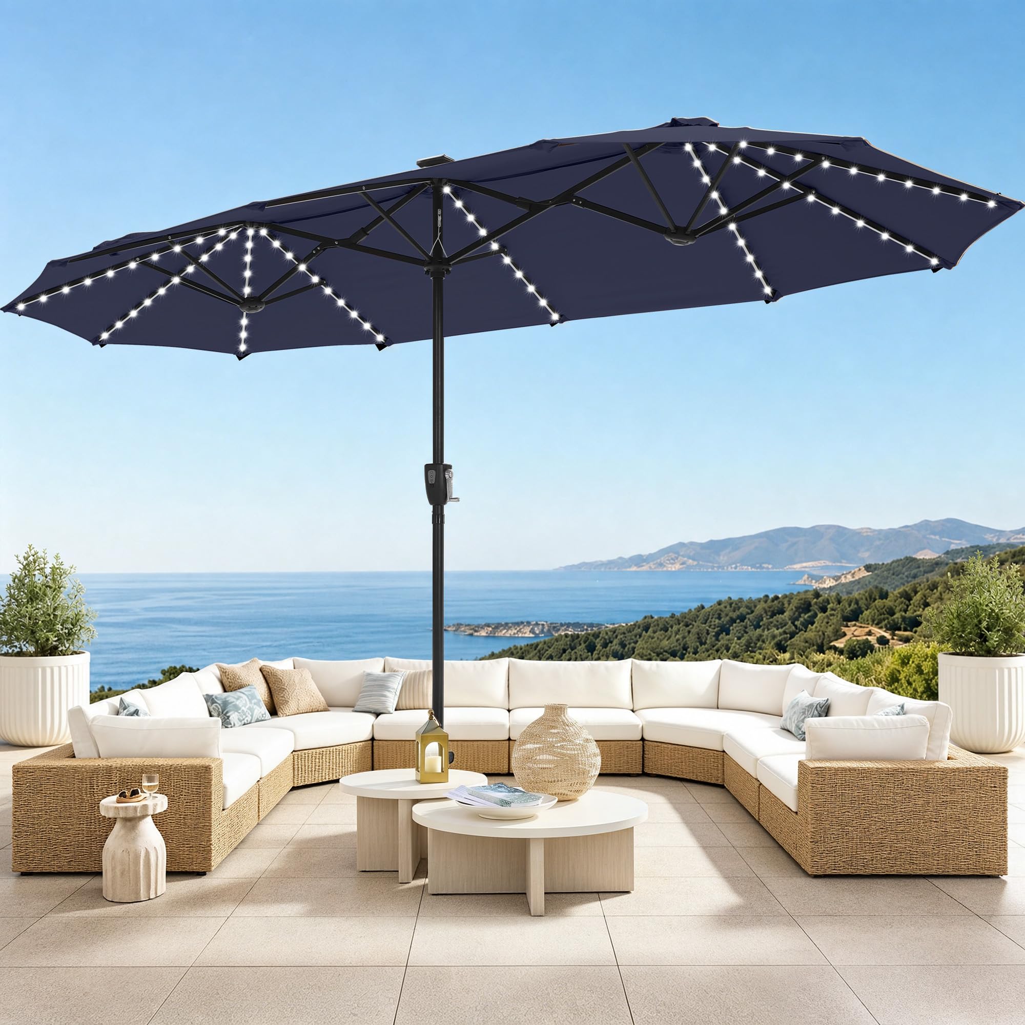 PHI VILLA Parasol de Jardin Extérieur,2x3,8m Parasol Double Face Rectangulaire avec LED Lampe et Manivelle,Protection Solaire pour Terrasse, Résistant à l'Eau,Anti au vent