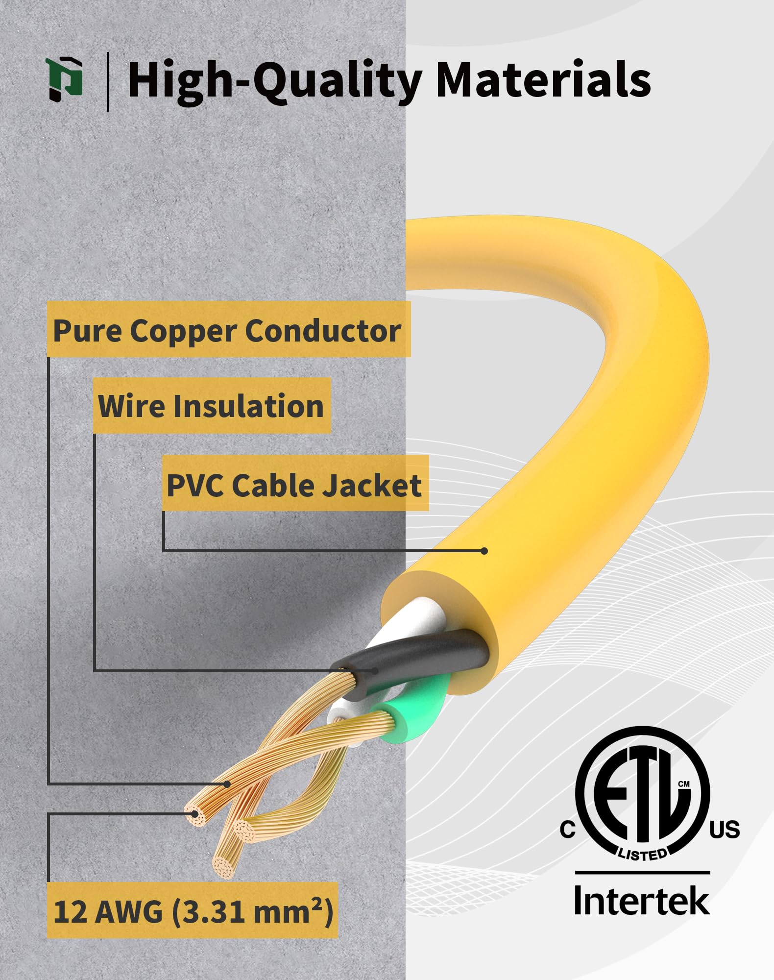 Cable de extensión para Exteriores de 25 pies 12/3 con 3 Tomas, Resistente 12 AWG 3 Clavijas, Resistente al Agua, con Extremo Iluminado, 15 A 12 AWG 1875 W SJTW, certificación ETL, Ideal para Garaje,