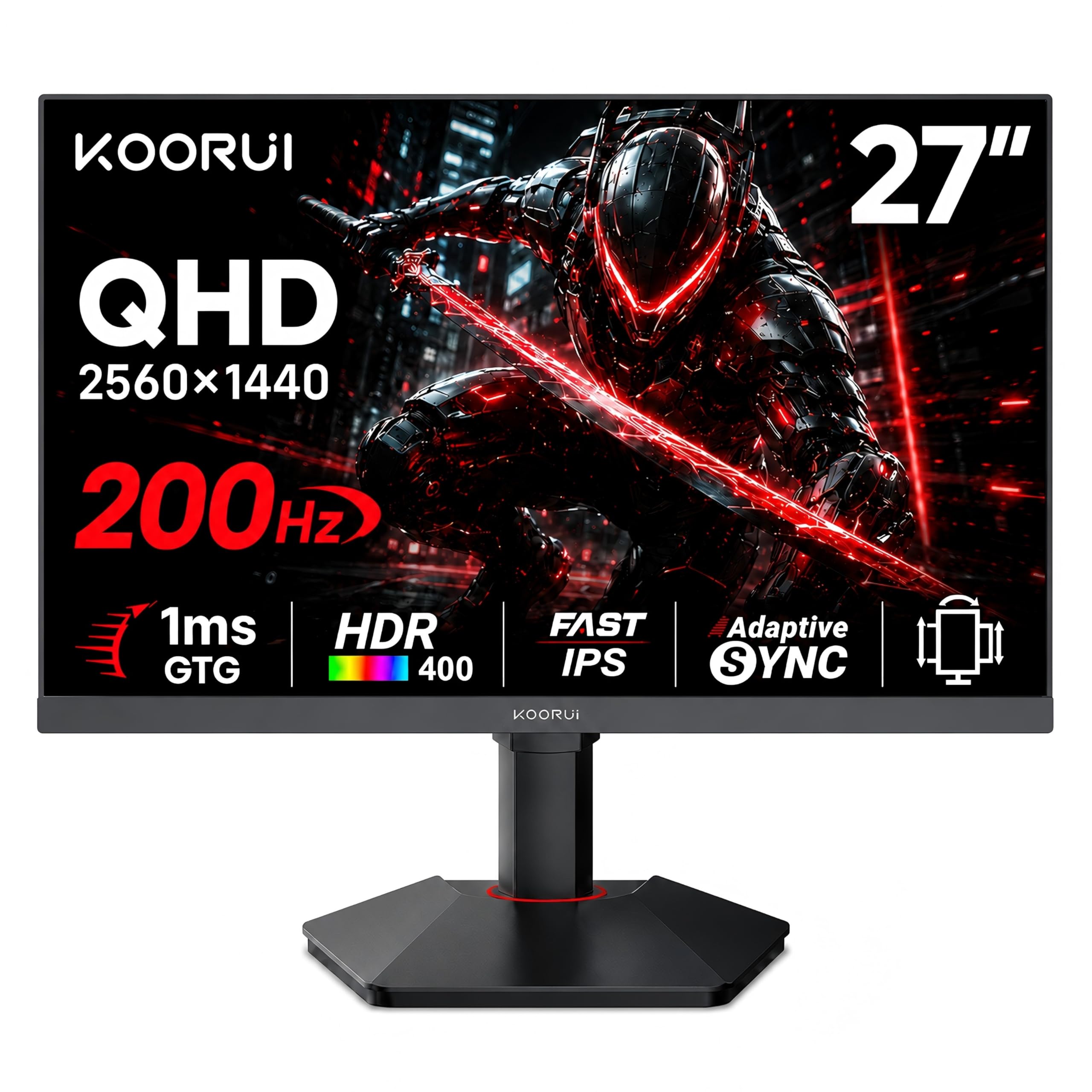 KOORUI 27-calowy monitor gamingowy QHD 144 Hz, VA, 1 ms, DCI-P3, 90% gama kolorów, kompatybilny z FreeSync G-Sync, (2560 x 1440, HDMI, DisplayPort), czarny