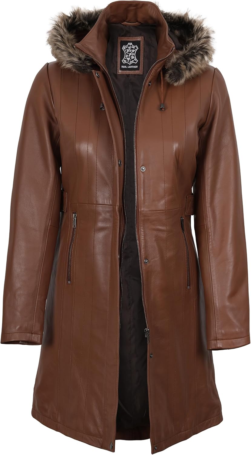 Blingsoul Womens Long Leather Coat – Real Lambskin Leather Jacket with Shearling Collar, Car Coat Style Leather Jacket Women