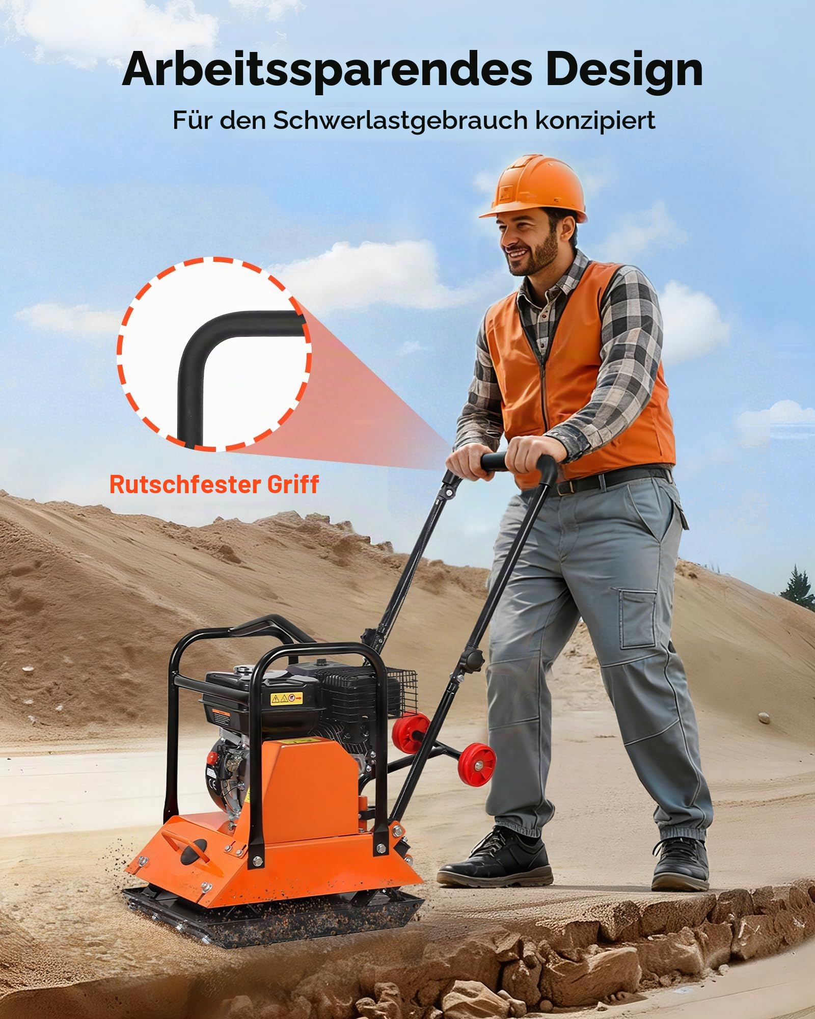 VEVOR Benzin Rüttelplatte, 6,5 PS (212 CC) Motor, 6400 U/min Vibrationsstampfer, 15 kN Verdichtungsdruck, Platte 530x400 mm, Handgeführter Rüttler für Pflasterarbeiten, Asphalt & Fundamente