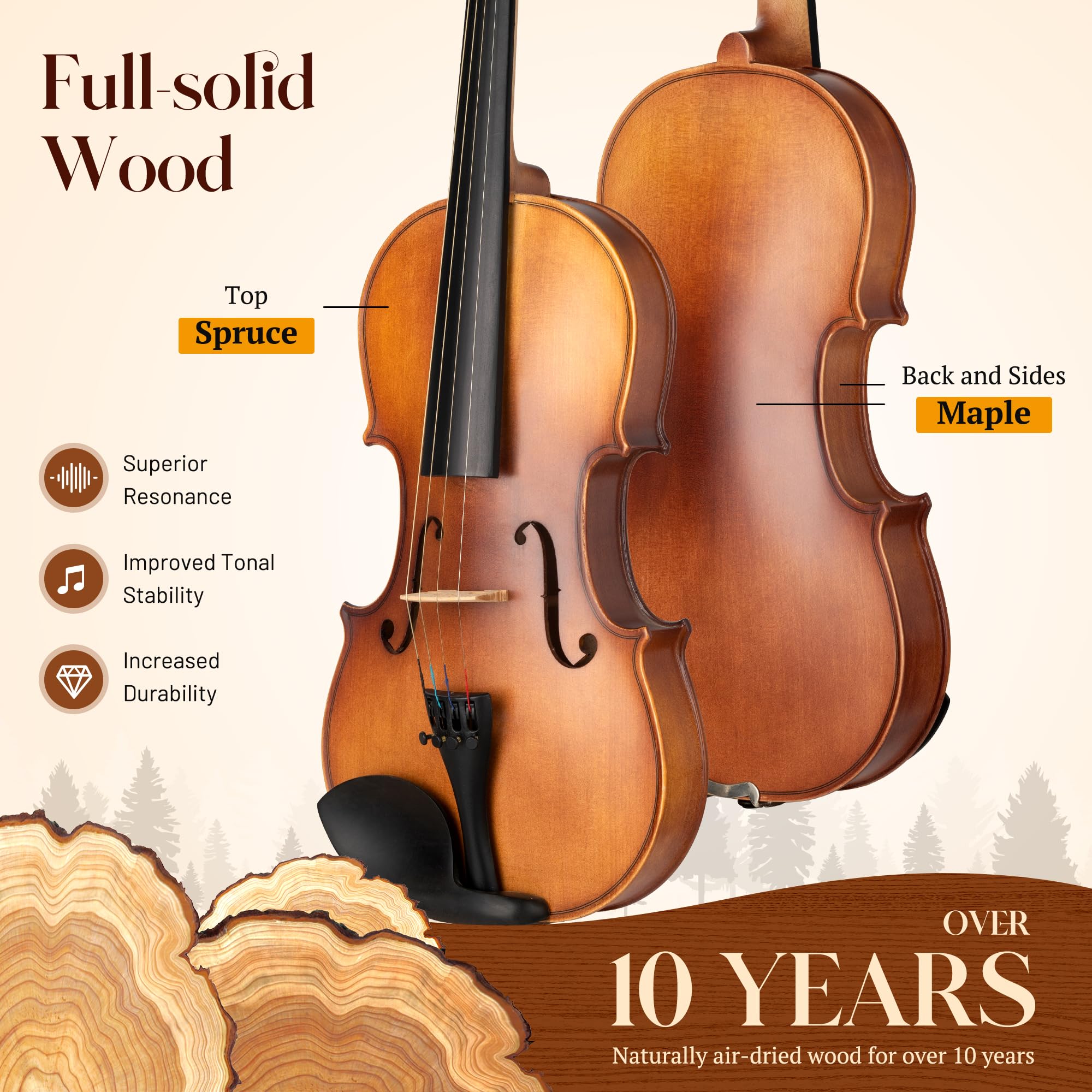 CAHAYA Violino 4/4 Full Size – Kit violino per principianti per studenti bambini adulti violino in legno massello completo con custodia rigida per violino e spalliera in legno