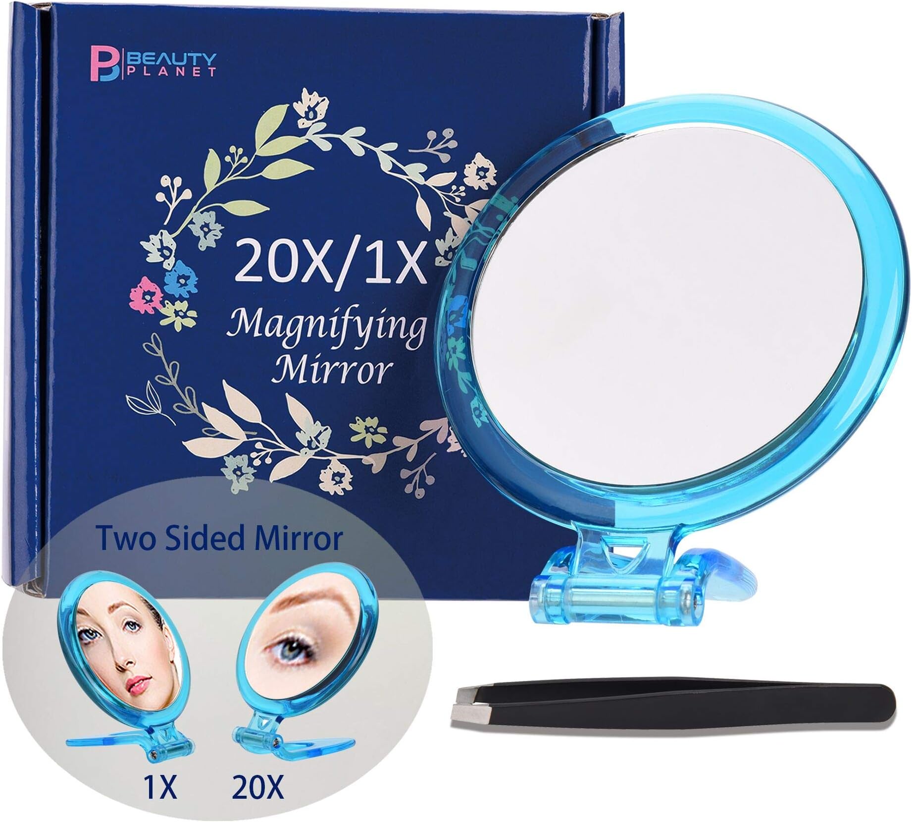 B Beauty Planet 20X Magnifying Mirror, Two Sided Mirror, 20X/1X Magnification, Folding Makeup Mirror with Handheld/Stand,Use for Makeup Application, Tweezing, and Blackhead/Blemish Removal. (Blue)