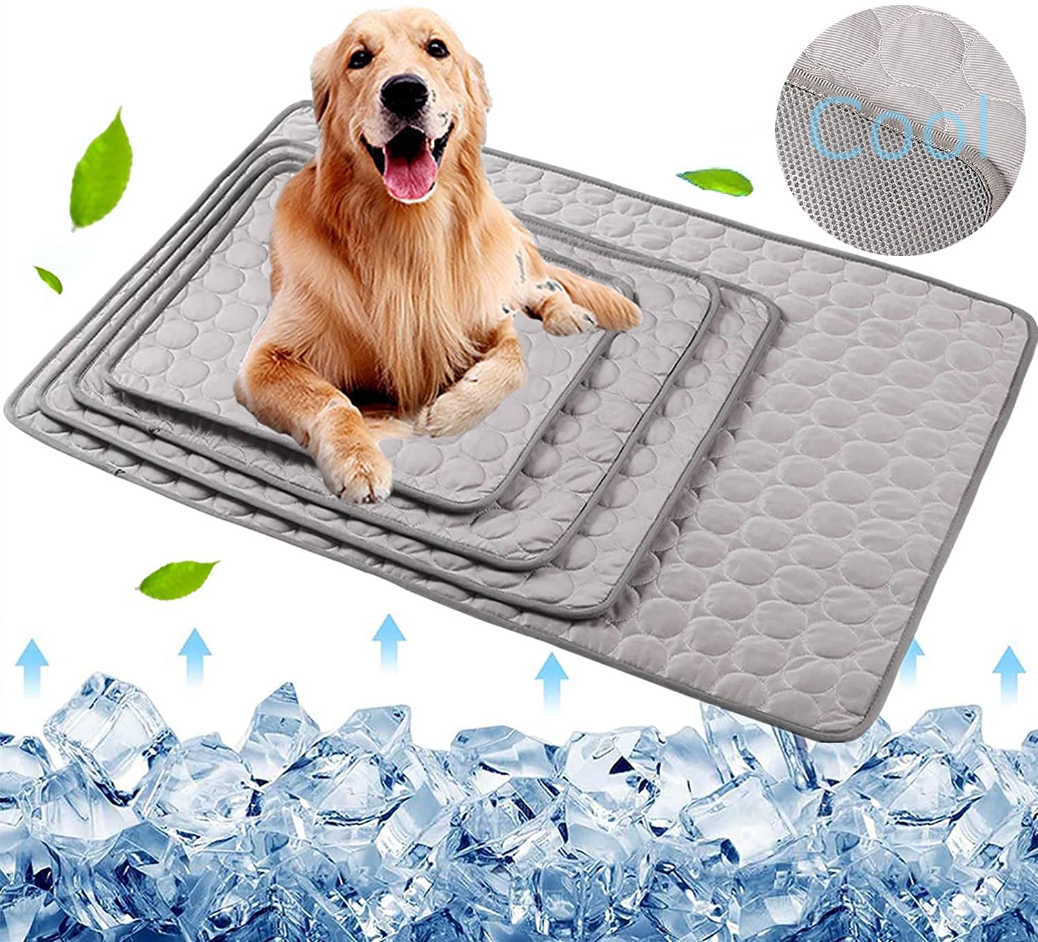Dog Cooling Mat, Pet Cooling Pads for Dogs Cats Washable Summer Kennel Mat, Breathable Self Cooling Blanket Pad Ice Silk Sleep Mat Non-Toxic Dog Cool Bed Liner for Home Travel Large Grey