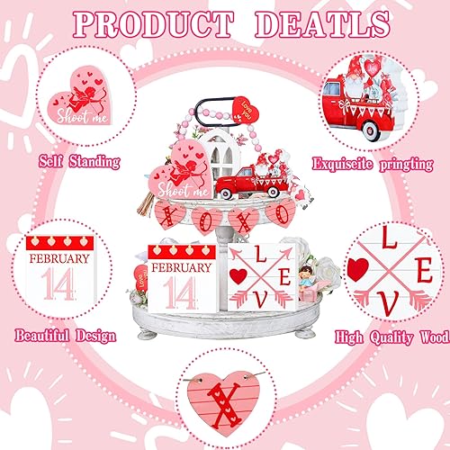 Miniatura 5 de 10 piezas de decoración de bandeja escalonada de gnomos para el día de San Valentín (bandeja no incluida), en forma de corazón de madera y guirnalda