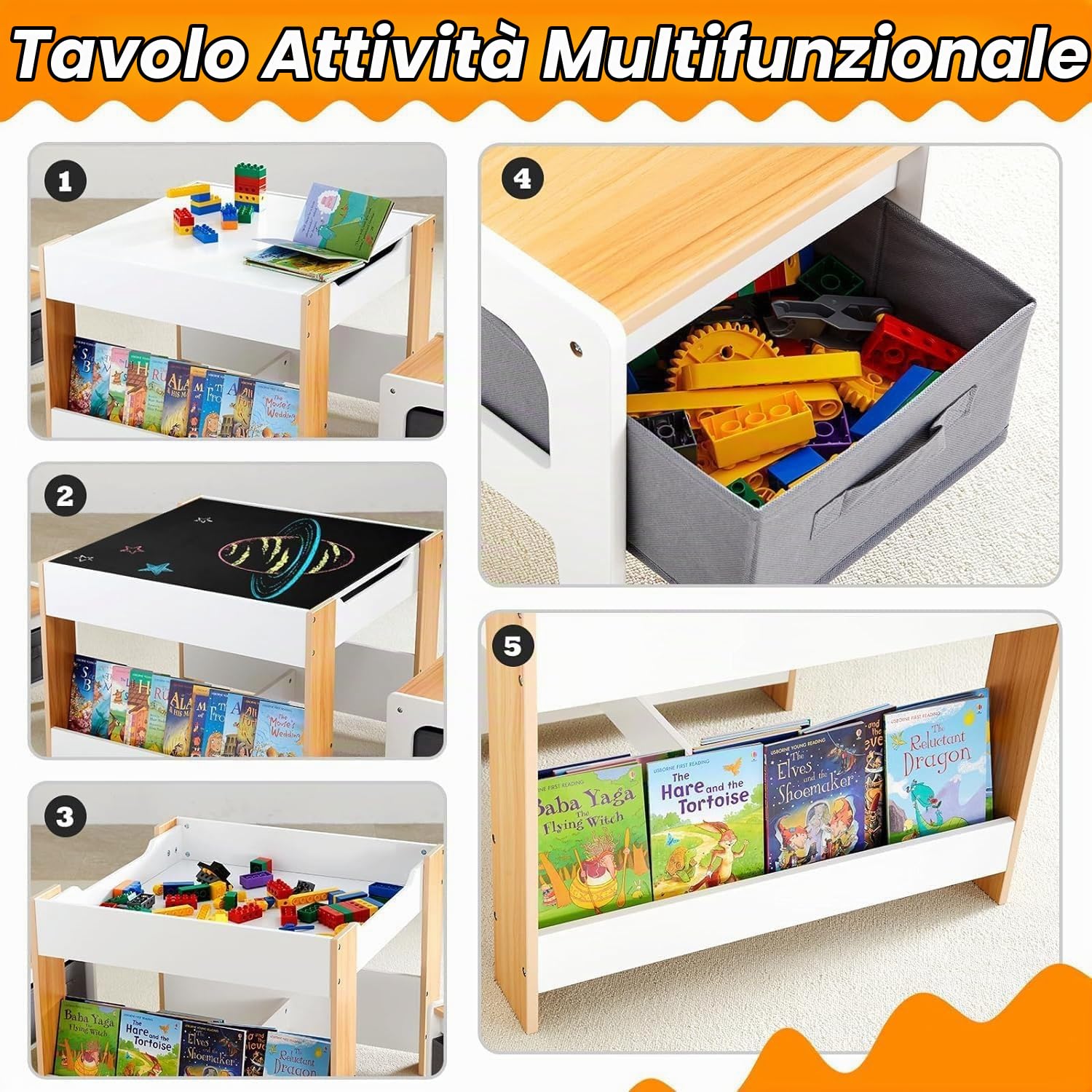 Asweets Tavolino Legno Bambini con 2 Sedie, Set di Tavolo Multiattivita Bambini con Lavagna e Vano Portaoggetti e Scaffalature, Tavolo Interattivo da Disegno, Costruzioni, Studio per Bimbi 3-6 Enni