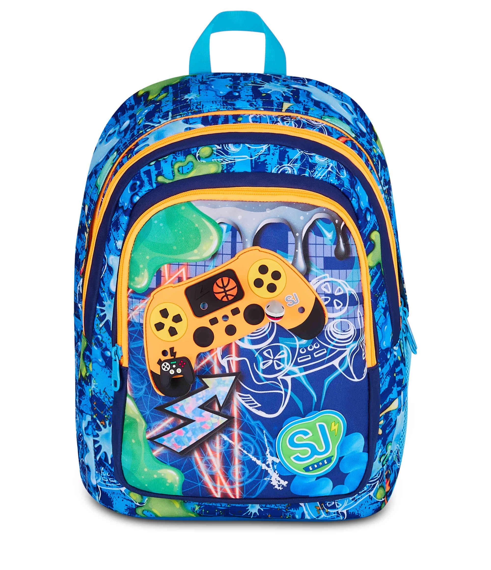 SJ GANG STYLE JAM GANG Zaino Scuola Advanced JOYFUL PINS BOY, Blu, 29L, Doppio Scomparto, Inserto controller con pins, Tasca frontale, Tasca portaborraccia, Scuola elementare, Bambino