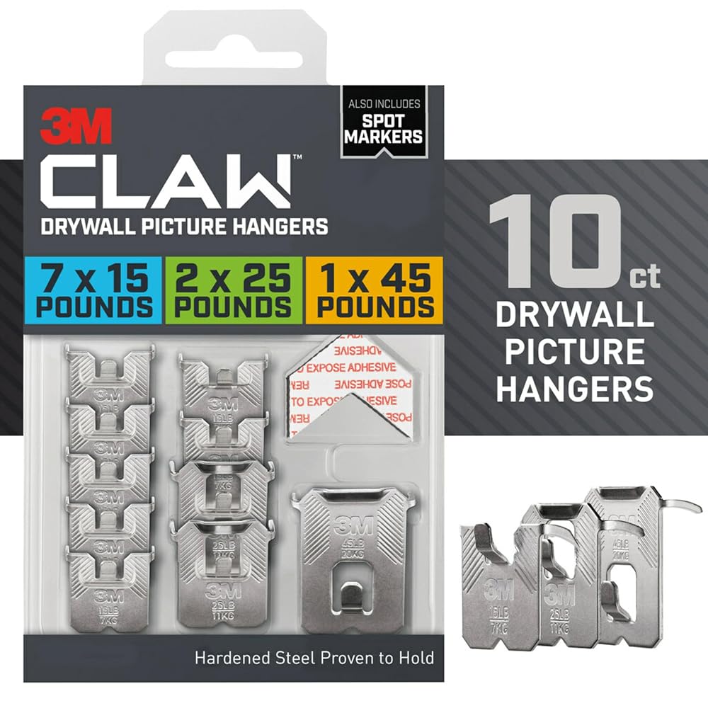 3M CLAW 45 lb Drywall Picture Hangers, 10 Wall Hangers, 10 Spot Markers