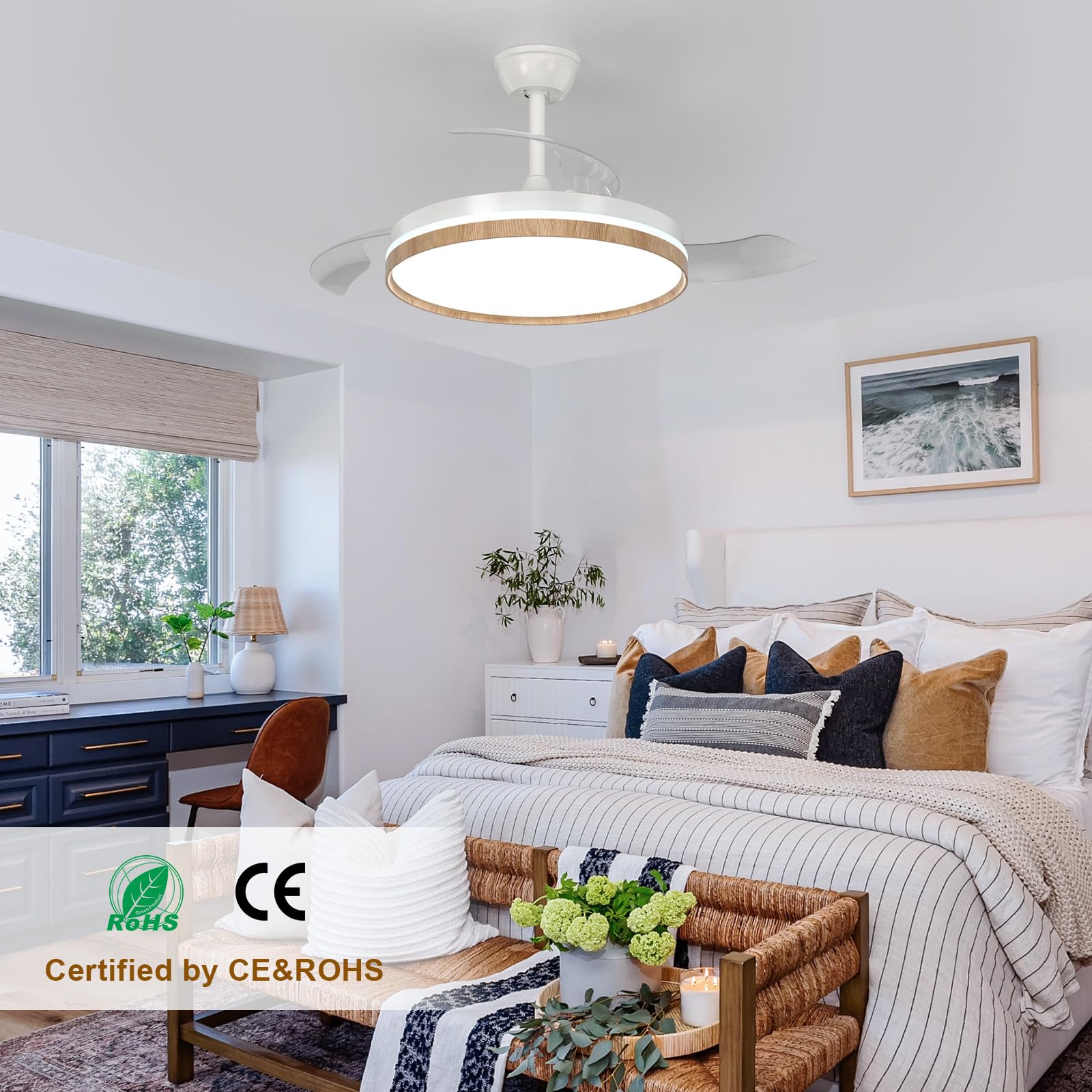 Ventilatore da Soffitto con Luce e Telecomando, 3 Pale Retrattili, Reversibile LED Lampada Ventilatore da Soffitto Dimmerabile, 6 Velocità, Silenzioso Motore DC per Camera da Letto, Soggiorno