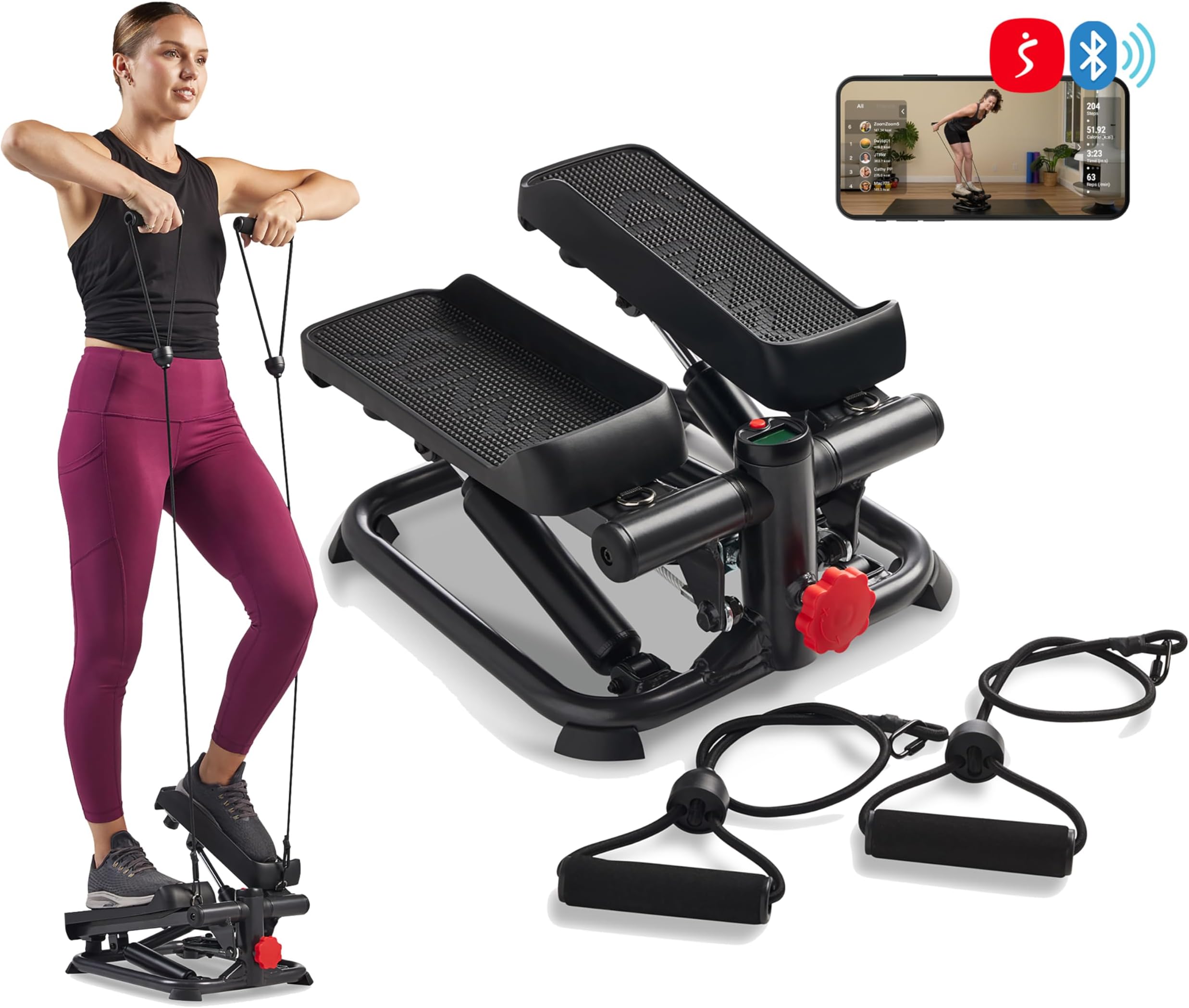 Sunny Health & Fitness Mini Steppers with Digital Monitor and Resistance Bands, Compact Low-Impact Cardio Machines for Home Workouts