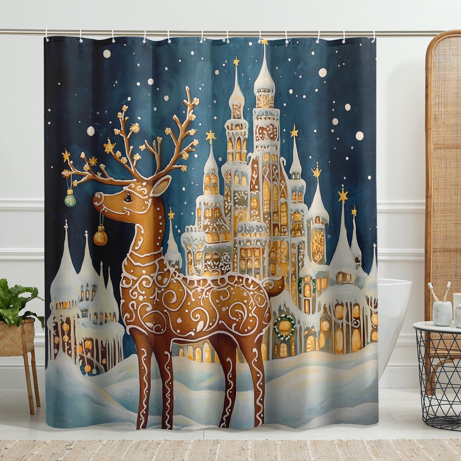 Gingerbread Reindeer Shower Curtain, Winter Holiday Decor, Cozy Christmas Themed Bathroom Accessories, Festive Indoor Decorations 72x72 Inch