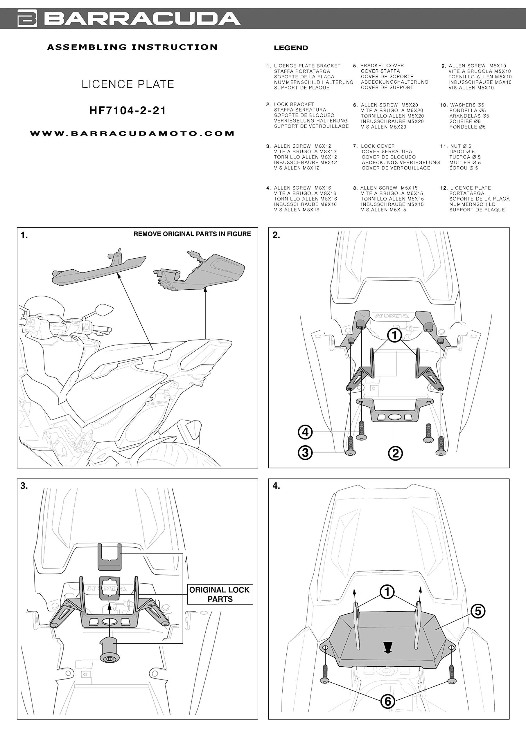 Portatarga Barracuda compatibile con Honda Forza 750 2021-2026 (con alloggiamenti per gli indicatori di direzione originali)