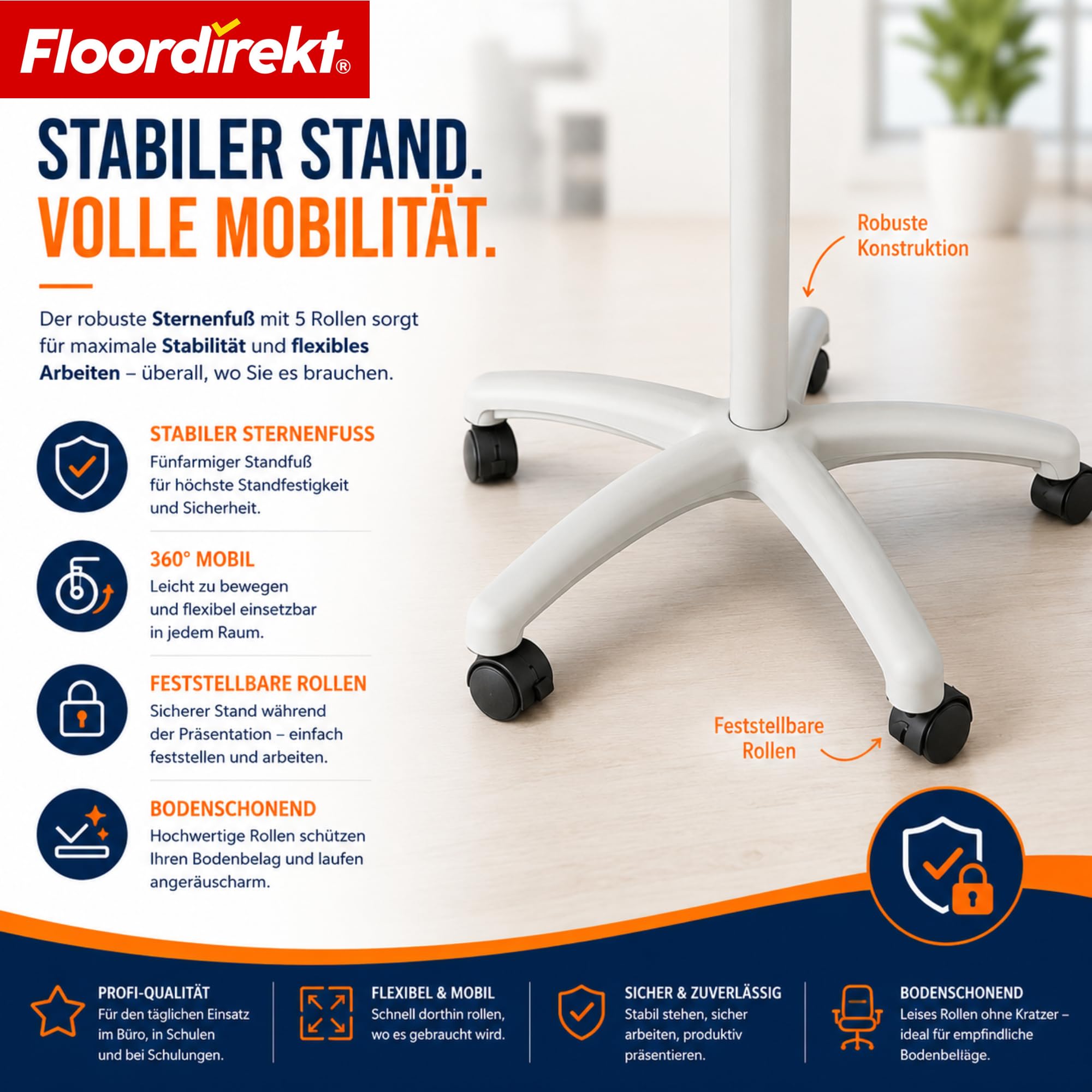 Floordirekt Pizarra magnética con soporte de rodillo, soporte para bloque y brazos laterales, magnético, se puede escribir y ajustar en altura, pizarra blanca, pizarra magnética, con bandeja de