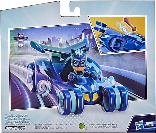 Miniatura 5 de PJ Masks Catboy Deluxe Vehículo de juguete preescolar, juguete de coche para gatos con rayas giratorias de Super Cat y figura de acción Catboy para