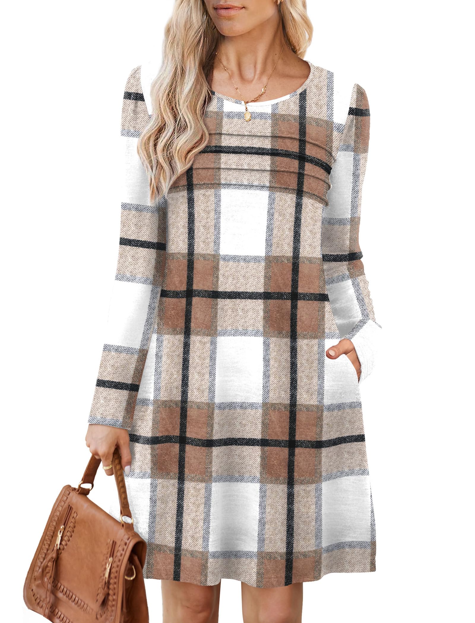 OFEEFAN Womens Long Sleeve Tunic Dress Fall Fashion Sweater Dress with Pockets Pleated Front Casual Winter