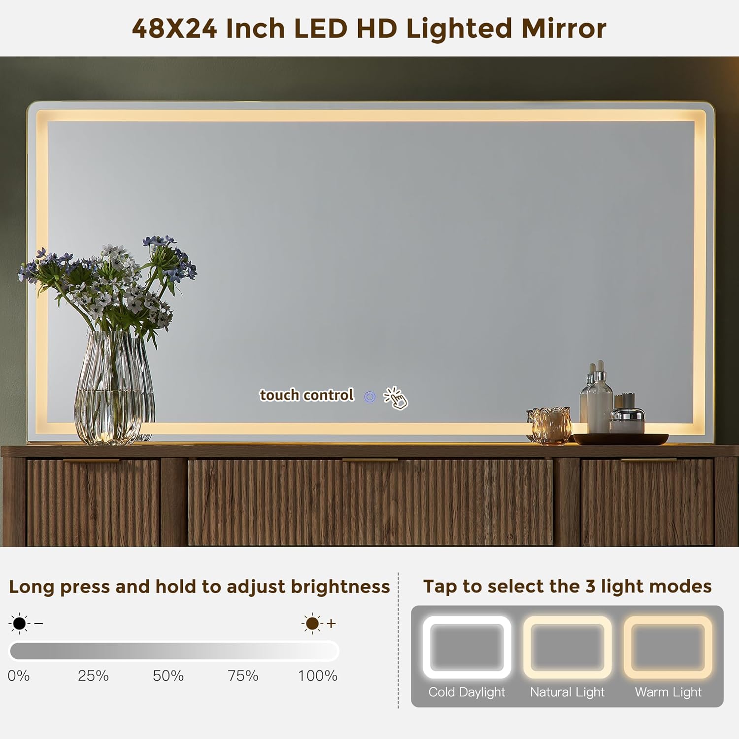 T4TREAM Fluted Makeup Vanity Desk with 48" Large LED Lighted Mirror, Modern Vanity Table with 9 Drawers & Power Outlet, 3 Colors Lighting Adjustable Brightness for Bedroom,Natural Oak