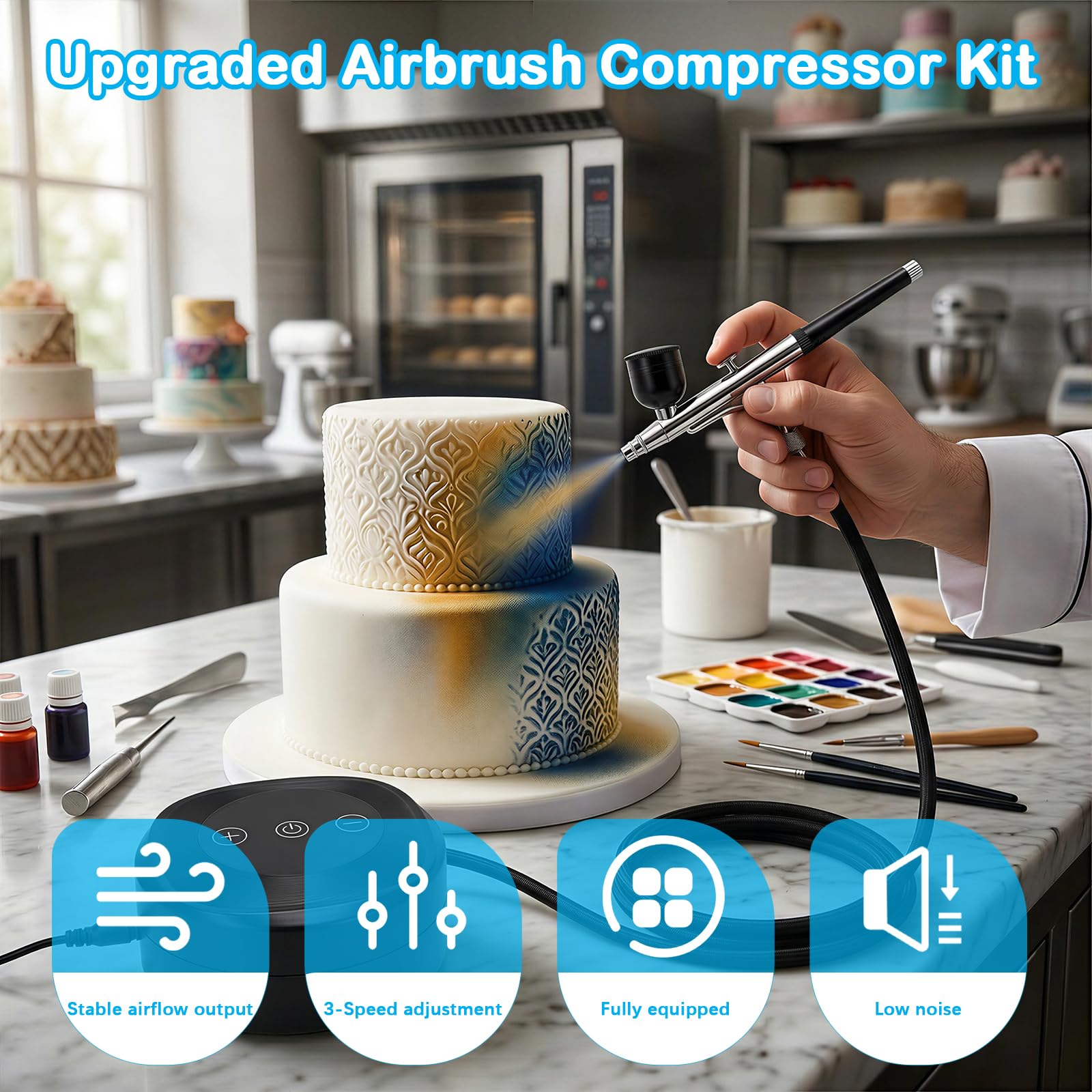 Airbrush Set mit Kompressor, Dual-Action Airbrushpistole mit 3 Druckstufen (25/38/48 PSI), Tragbares Airbrush Kit für Modellbau, Nailart, Make-up, Kuchendekoration & DIY-Projekte