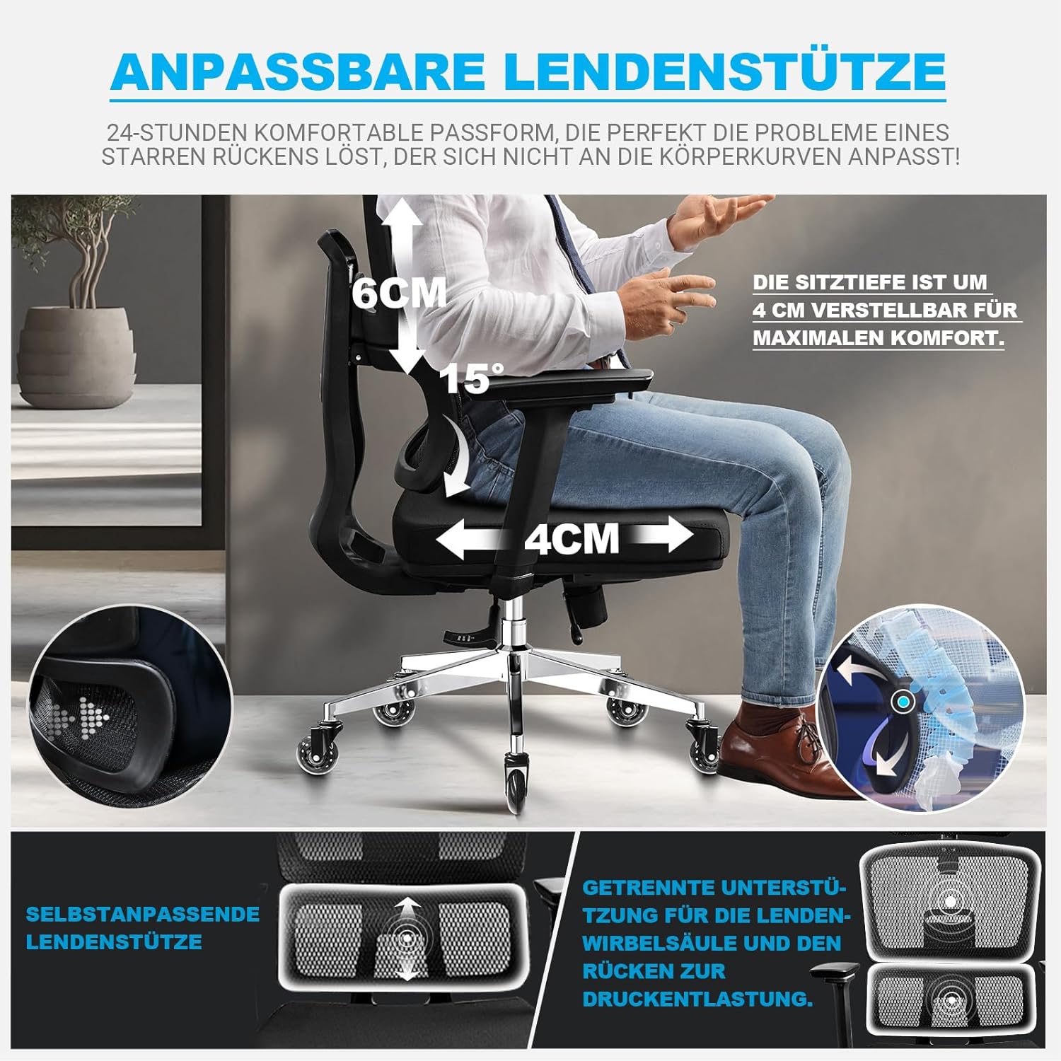 Image demonstrating the adjustable lumbar support and 4cm seat depth adjustment of the MELOKEA E060B office chair, designed for 24-hour comfortable fit and pressure relief.