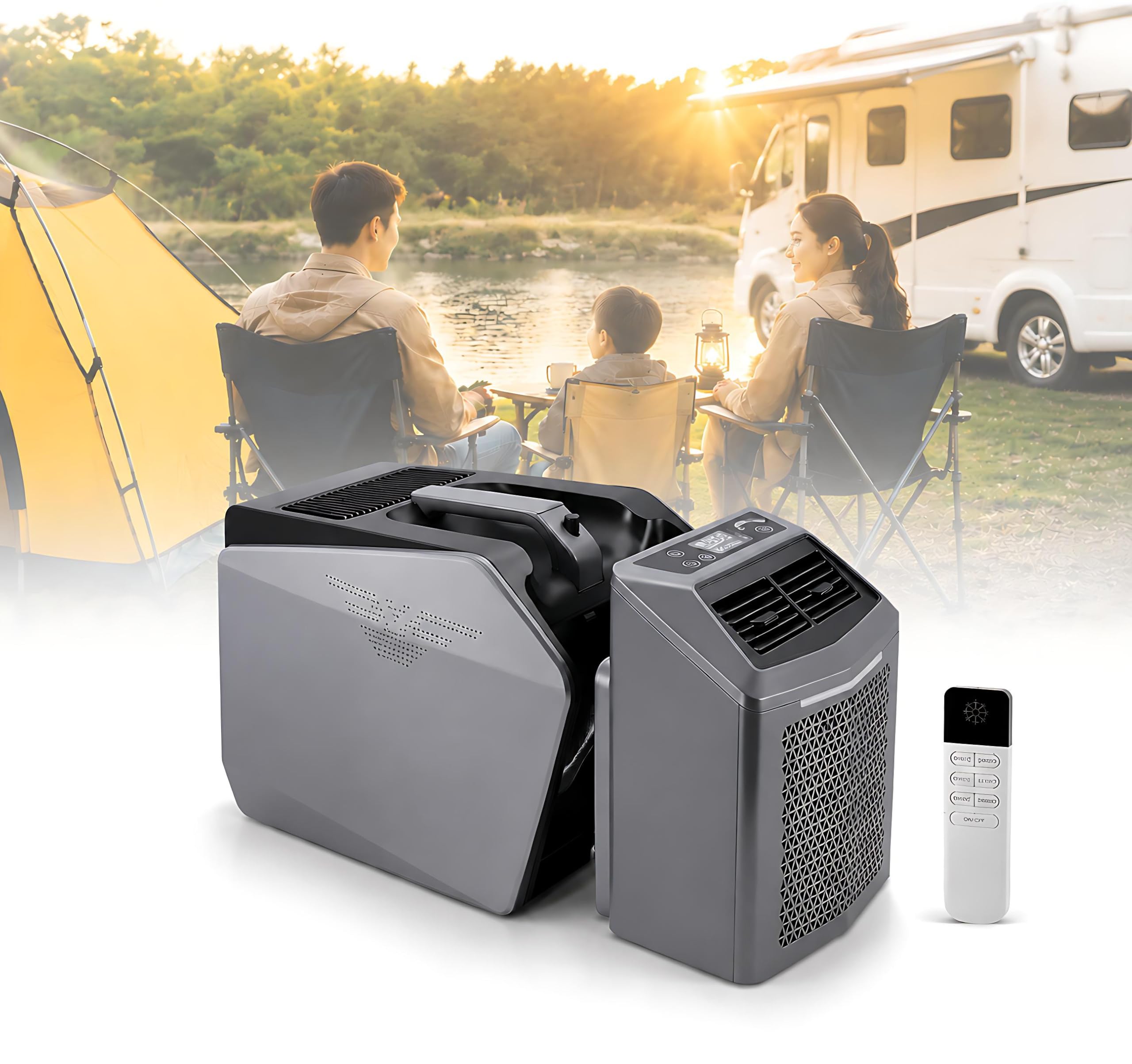 KPOUYYDS Split Device Air Conditioner, Portable Camping AC, 6200 BTU 550W, 48V DC/110V/220V AC, Ultra Quiet 4-in-1 Cooler 3 Wind Speeds Smart Display Remote, for Tent RV Truck Van Workshop 110/220V