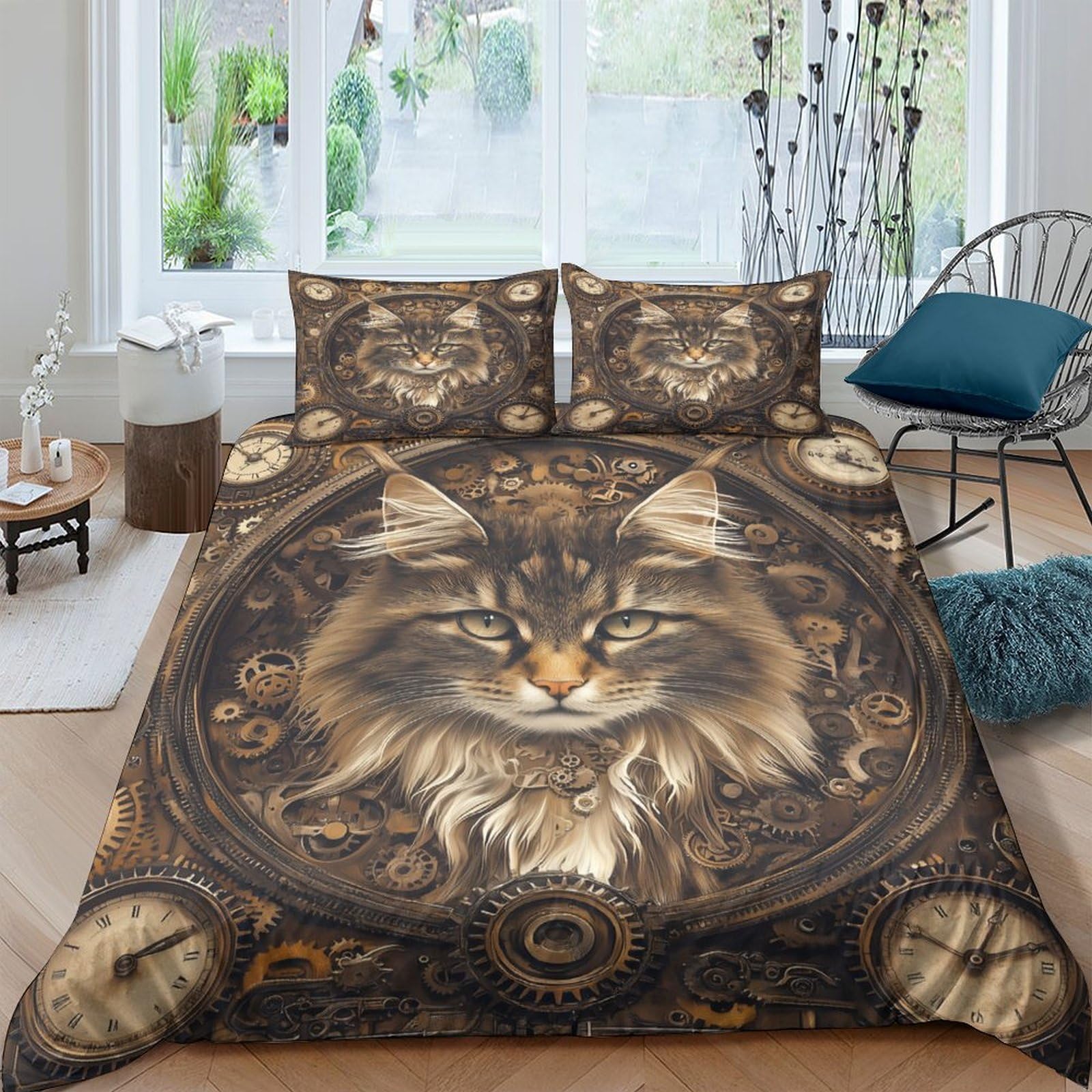 Ctjqhvkz Style-10 3D Printed Steampunk Cat Fitted Sheet Microfiber Soft Brown Vintage Art Bed Cover For Bedroom Dorm Mattress Protection Single（135X200cm）