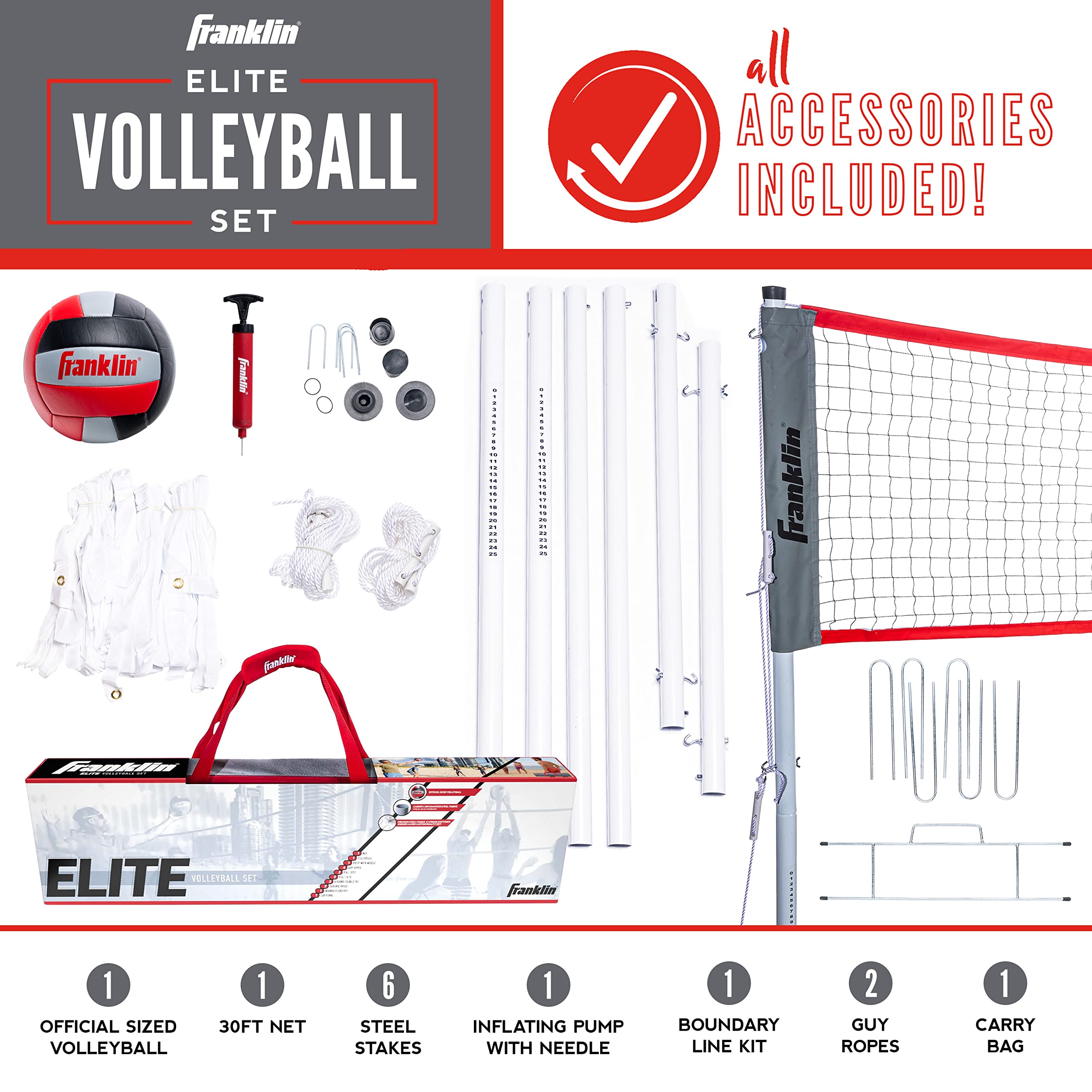 Franklin, set di rete da pallavolo da pallavolo, per bambini e adulti, per pallavolo, reti con bastoni, attrezzatura inclusa, borsa per il trasporto e trasporto