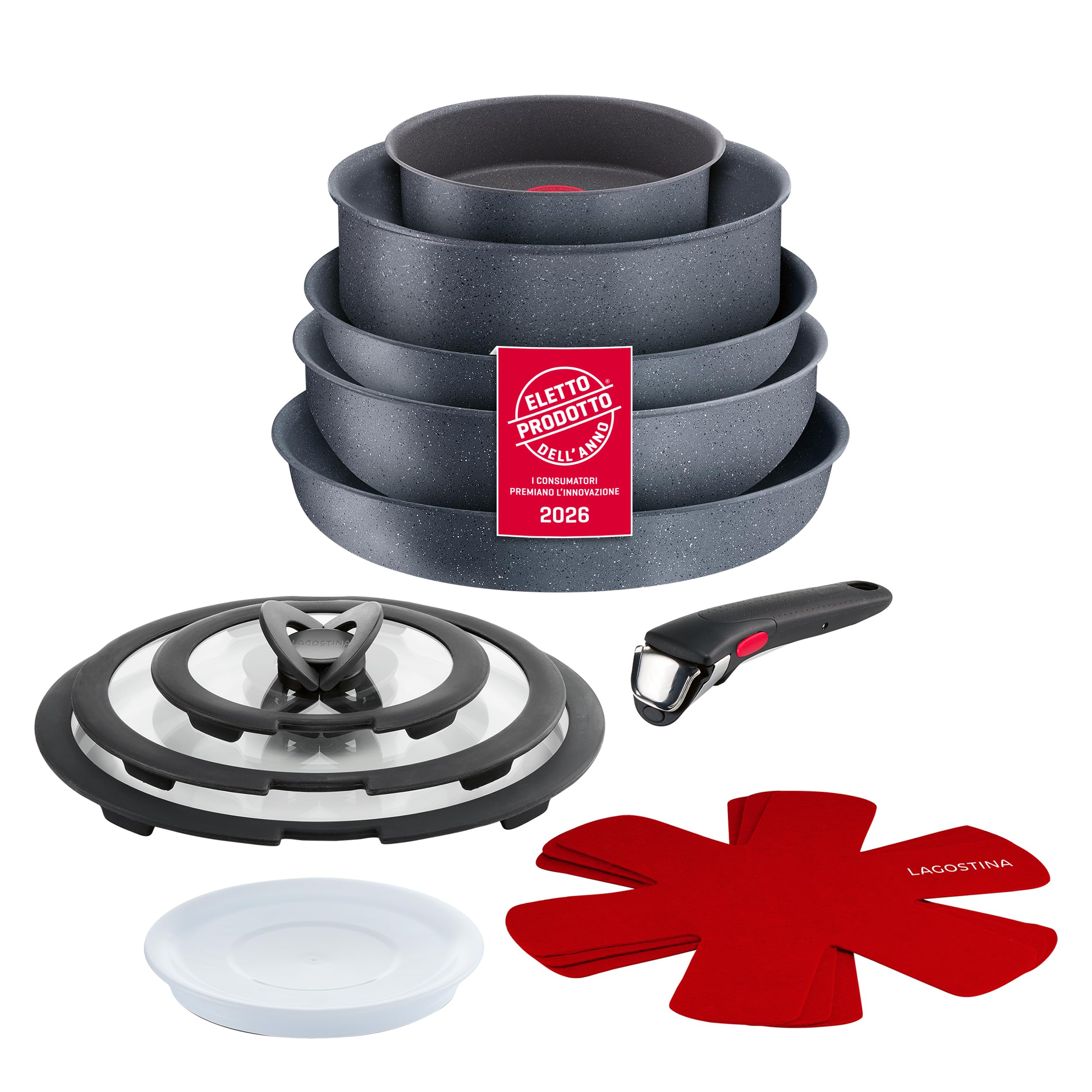 Lagostina Ingenio Mineralis Set Padelle Antiaderenti in Alluminio, Induzione,13 Pezzi 2 padelle 1 Casseruola 1 Tegame 1 Wok 3 coperchi Vetro 1 Coperchio Plastica 3 Proteggi Padella 1 Manico