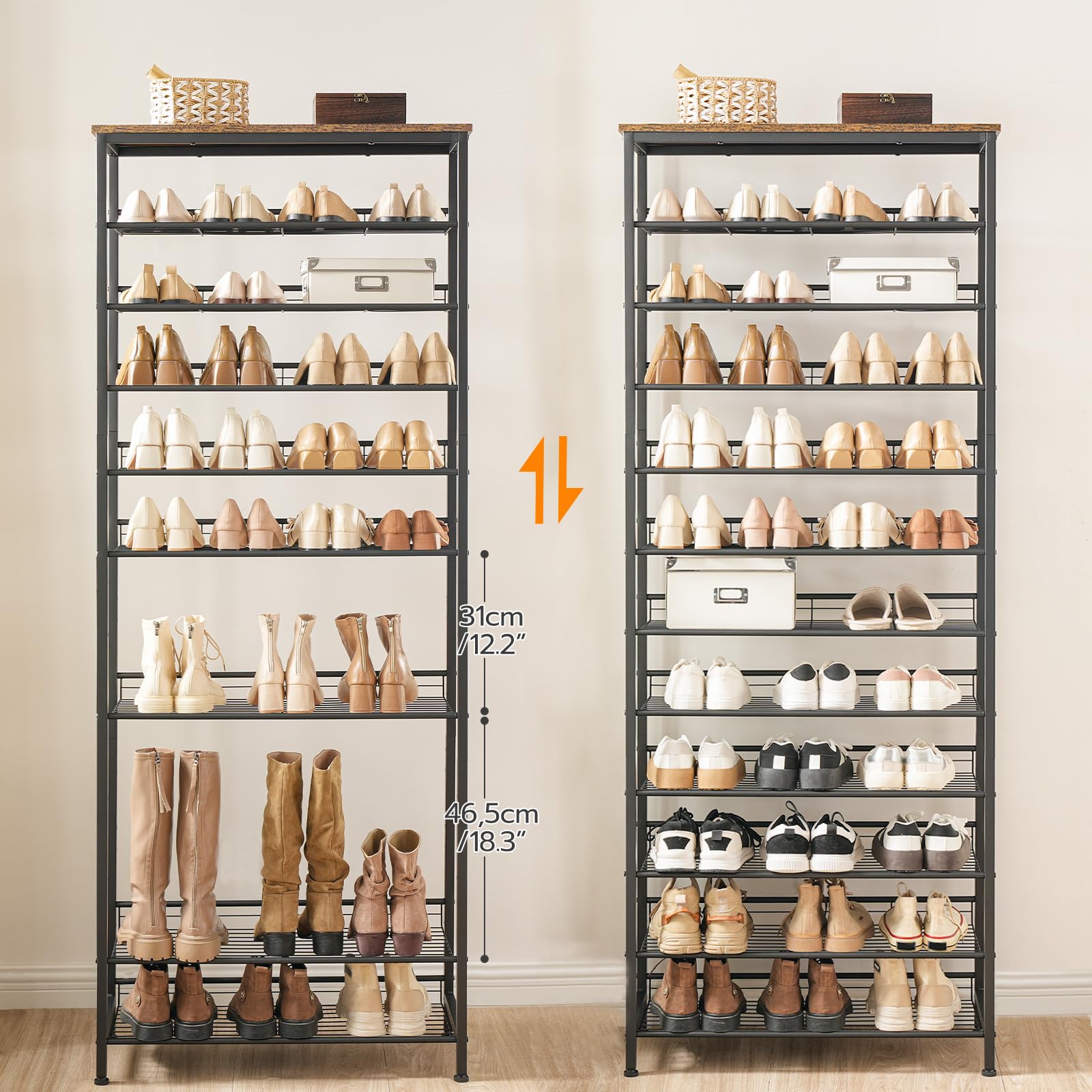 HOOBRO Großes Schuhregal, 12 Etagen Schuhablage, Schuhschrank hoch, für 35-45 Paar Schuhe, mit schrägen Gitterregalen, Metallrahmen, für Flur, Garderoben, Eingang, Dunkelbraun-Schwarz EBF51XJ01