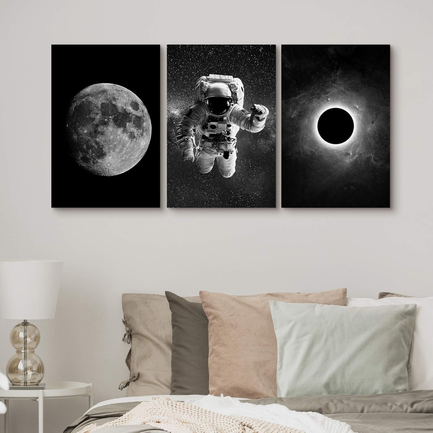 SIGNFORD 3 Panel Canvas Wall Art Astronaut Grand Eclipse Moon Kids Canvas Painting Wall Decor for Living Room Framed Home Decorations - 16"x24" x 3 Panels