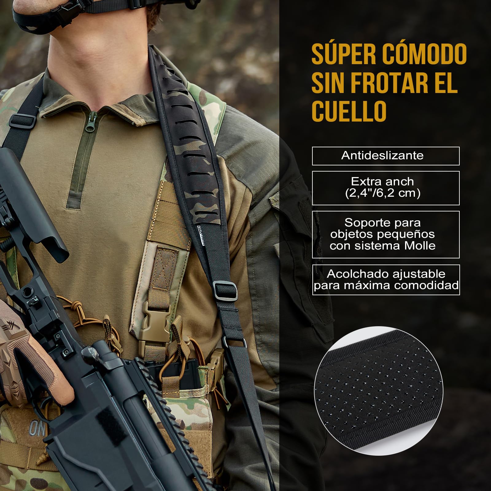 OneTigris Correa de Rifle de 2 Puntos, 2,5 cm de Ancho con Mosquetones Intercambiables Estilo HK, Ajustable 56-70 Pulgadas, Negro