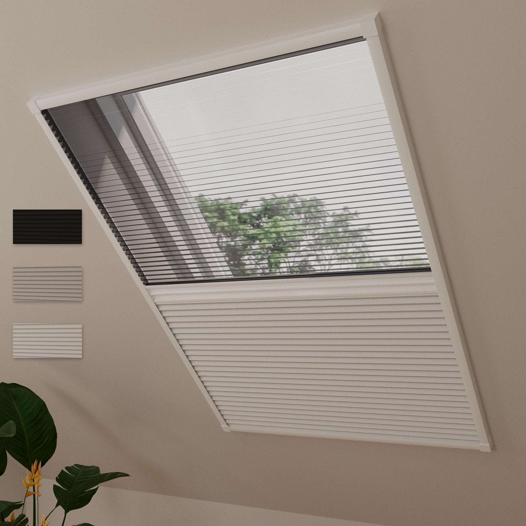 DTCH® Dachfenster Plissee mit Insektenschutz, weiß, 100 x 160 cm | Verdunkelung und Fliegengitter in einem, Wabenfalte silberbeschichtet, Hitzeschutz, Aluminium-Rahmen, kürzbar