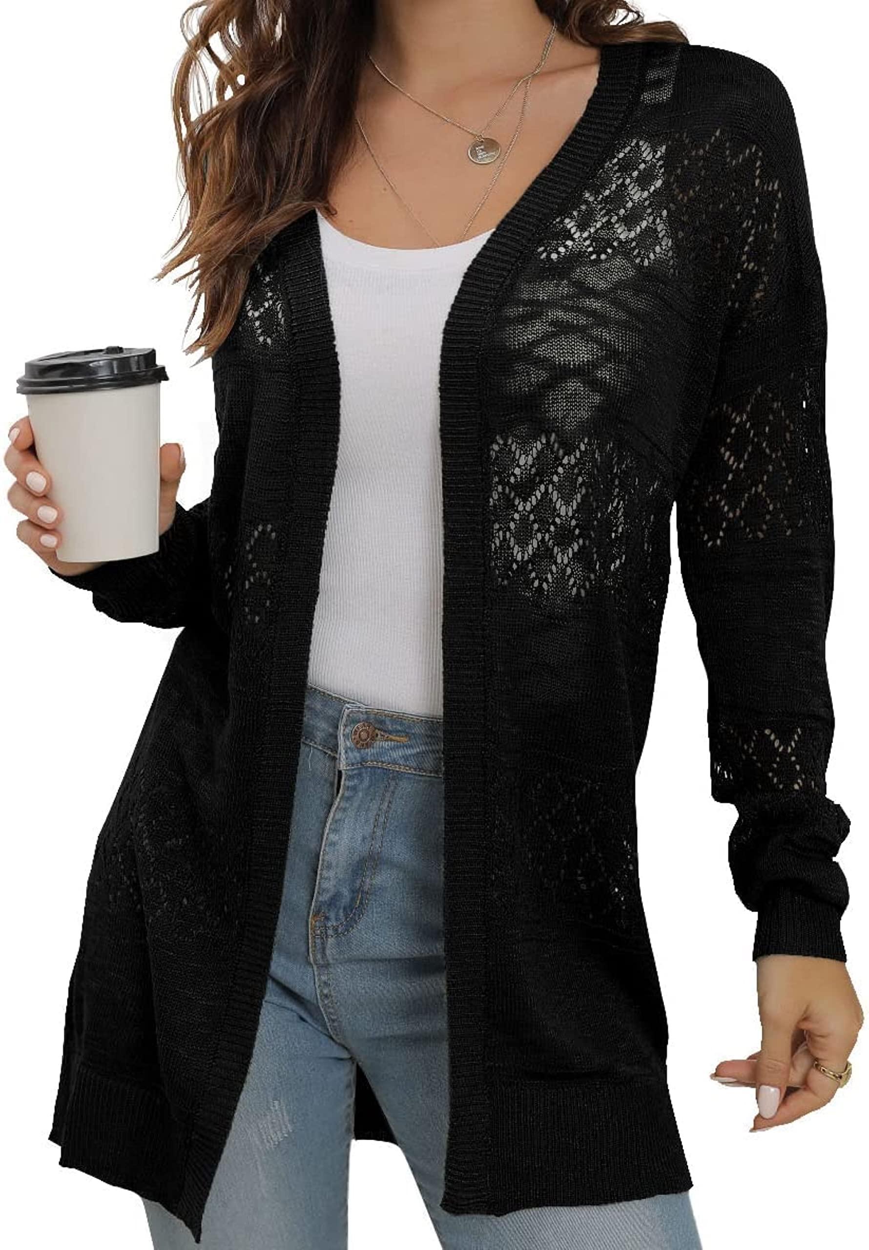 GRECERELLE Damen Strickjacke Sommer Leichte Lang Elegant Cardigan Casual Jacke Dünne Strickmantel Open Front Boho Cover Up für Strand, Pool und Party