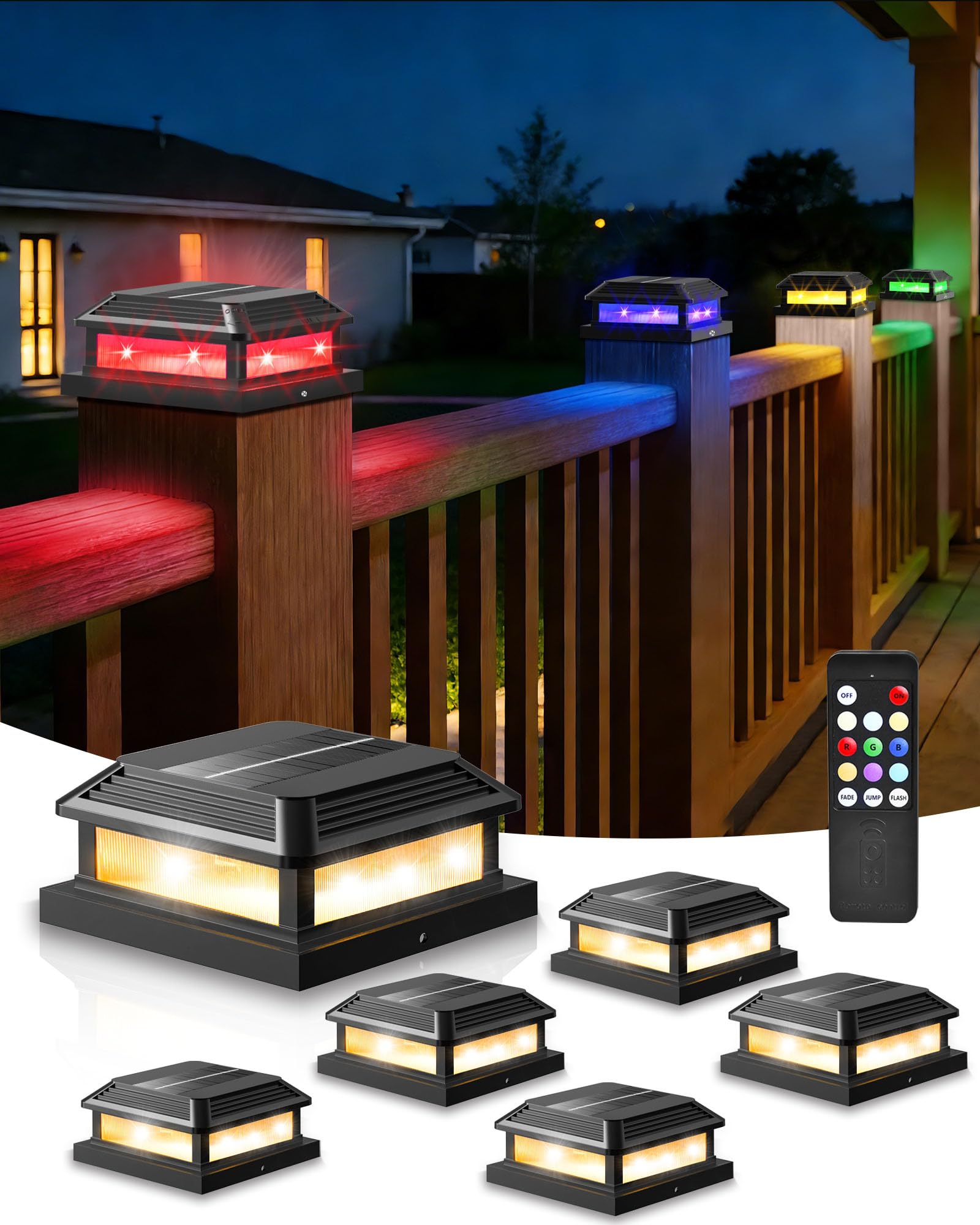 Solar-Pfostenkappenleuchten für den Außenbereich mit Fernbedienung, RGB-Farbwechsel, 4 x 4 Pfosten-Solarleuchten, passend für 5 x 5, 4,5 x 4,5, 4 x 4, 3,5 x 3,5 Holz/Vinyl-Zaun, wasserdichte