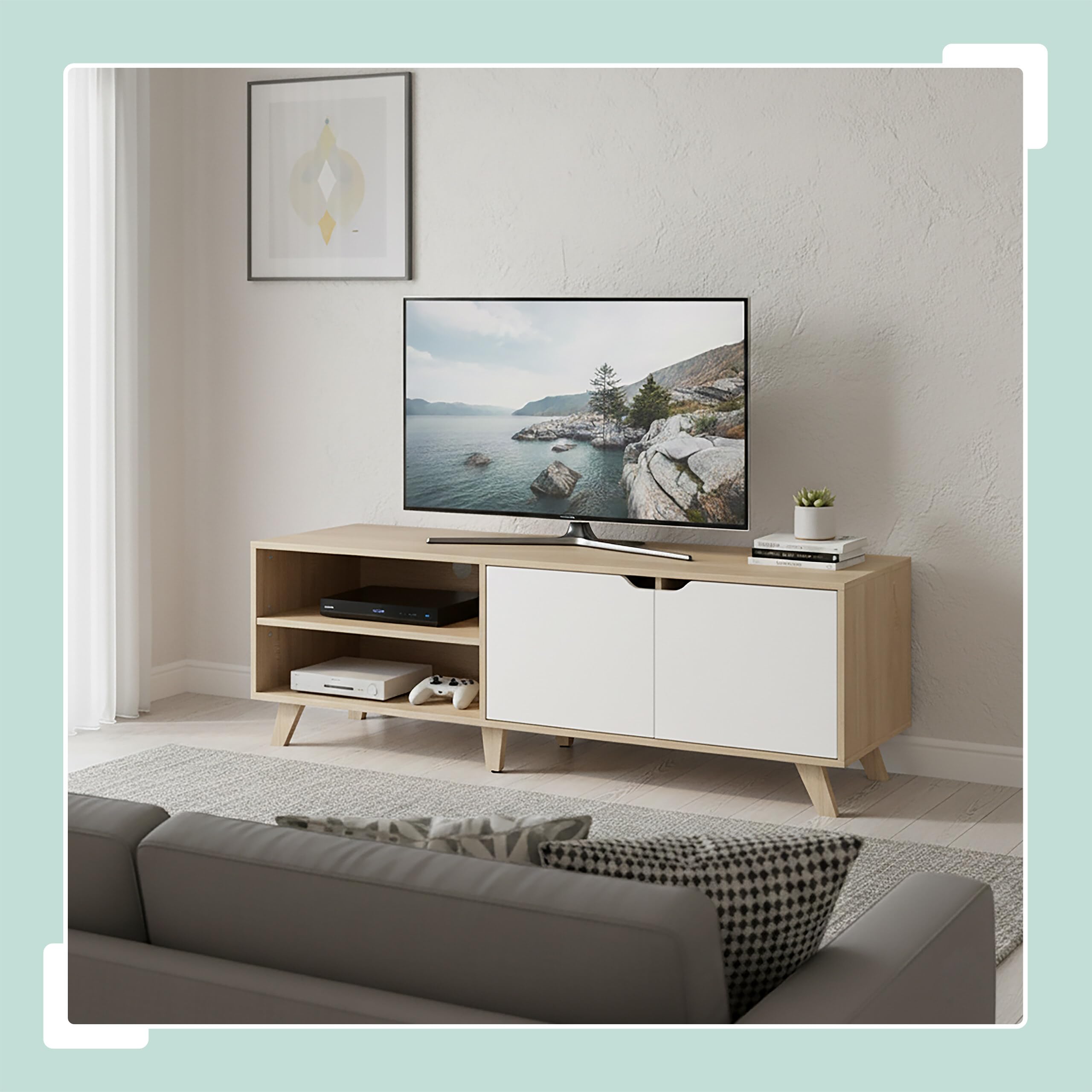 Relaxdays Meuble TV, 6 Compartiments, pour TV jusqu'à 60", HxLxP 50x140x40 cm, Passe-câbles, Nature/Blanc