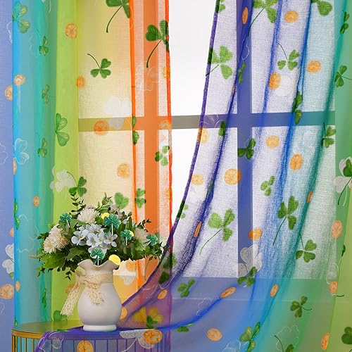 Miniatura 2 de Cortinas traslúcidas para el día de San Patricio para sala de estar, 63 pulgadas de largo, 2 paneles, cortinas de trébol de arcoíris, suerte,