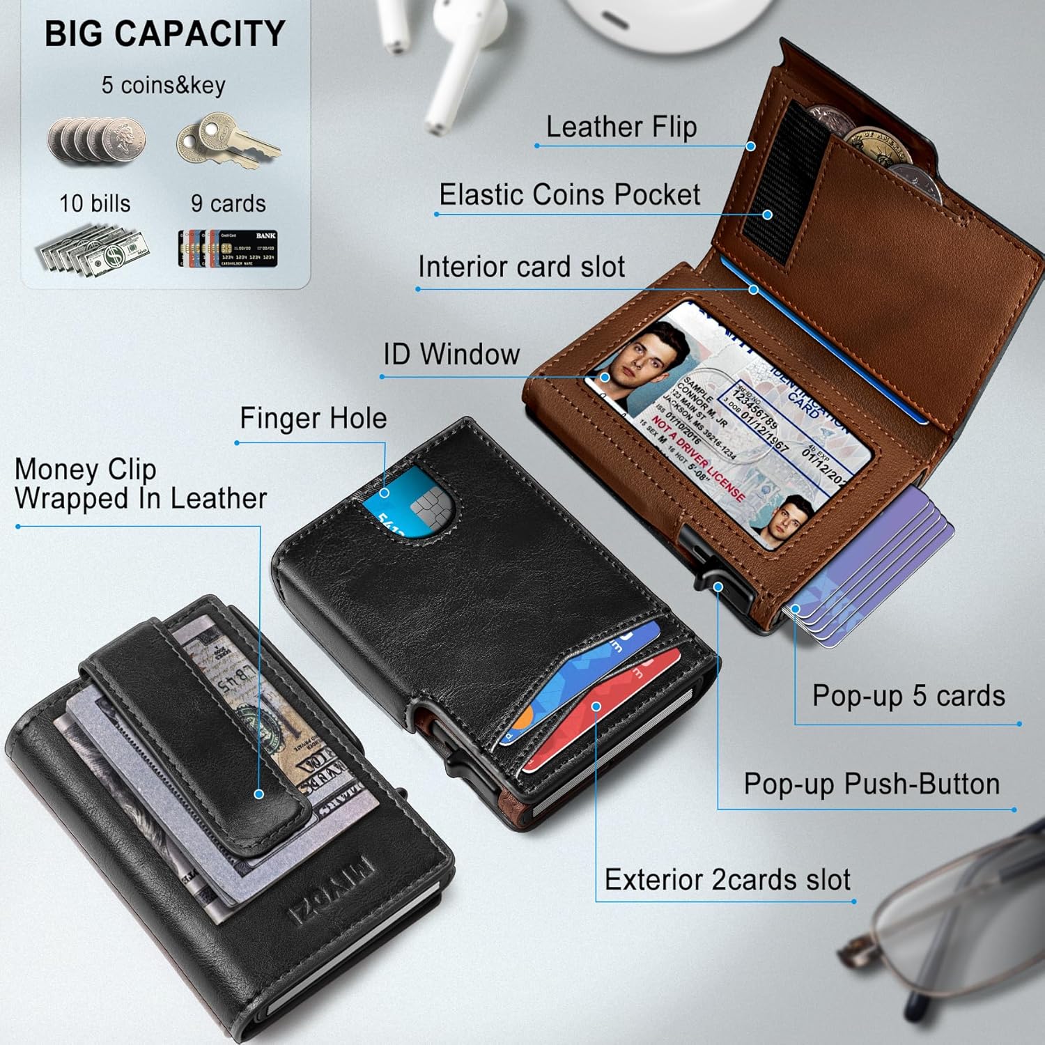 miyozi Wallet for Men, Magnetic Minimalist Slim Wallet with Pop Up Card Holder, 9 Cards RFID Blocking Metal Credit Card Case, Leather Wrapped Money Clip, ID Window & Small Item Slot, Gift Boxed