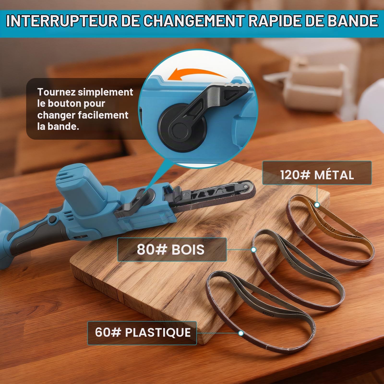 Ponceuse à bande sans fil pour batterie Makita 18 V (non incluse), 1,27 cm x 45,7 cm, 6 vitesses, mini ponceuse à bande sans balais, avec 10 bandes abrasives pour bois, métal, plastique