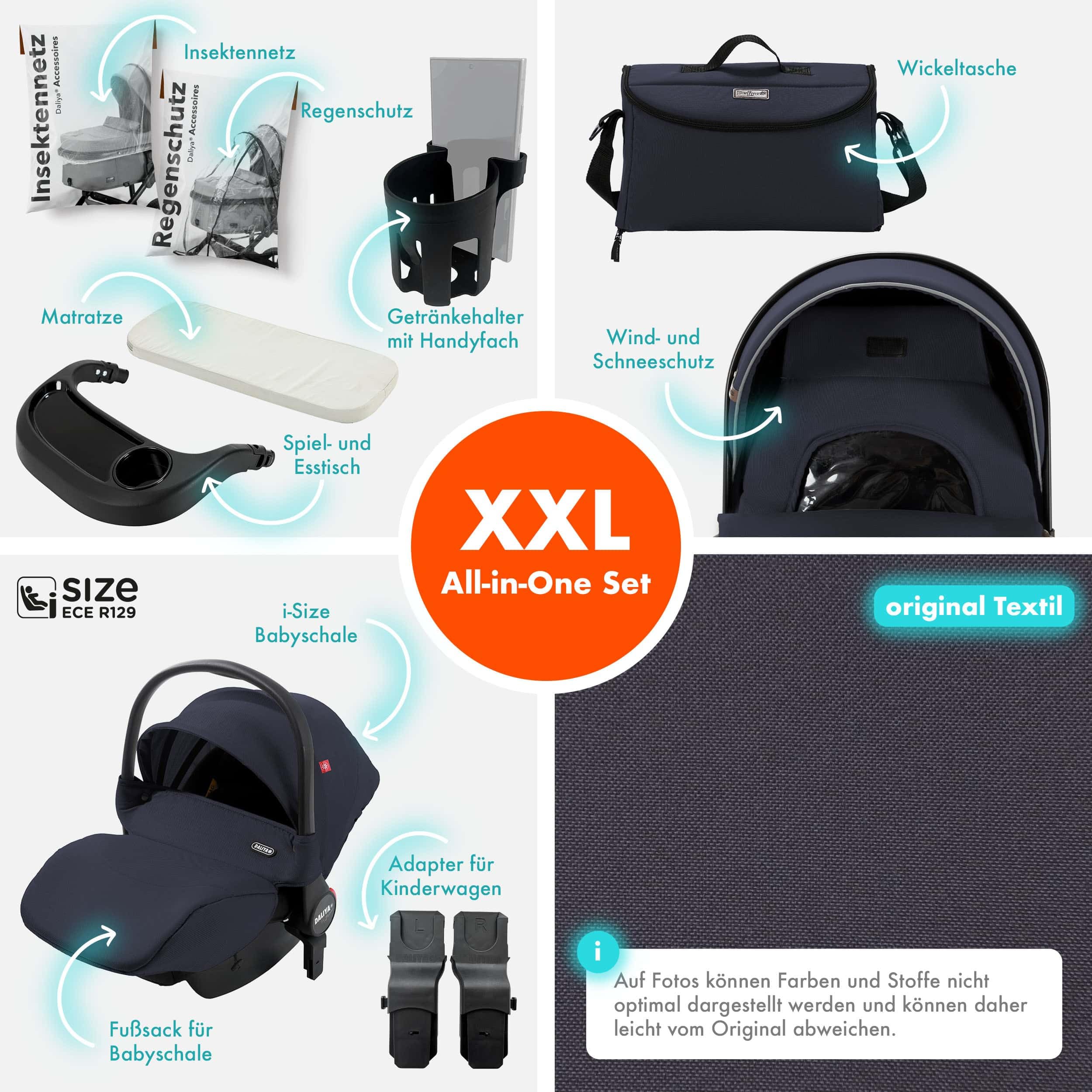 Daliya® FLEXI-PRO M 3in1 Kinderwagen & Buggy mit i-Size Babyschale, Viel Zubehör (Blau-Grau)