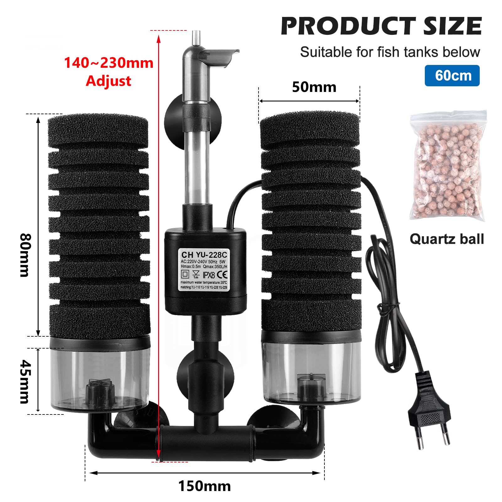 BORDEAG Filtro in spugna per acquario, filtro in schiuma silenziosa, filtro per acquario con sfera filtrante, filtro elettrico per acquario, filtro per acquario, filtro in schiuma sommergibile, filtro