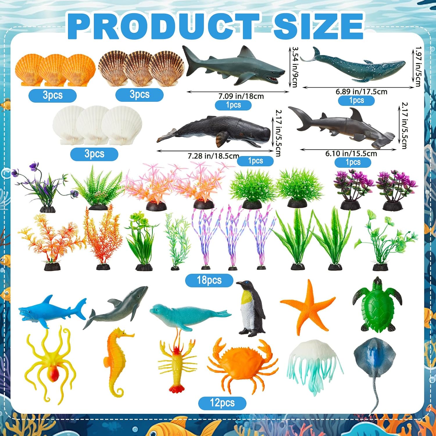 AmazingSpark 43 Pcs Ocean Diorama Kit Habitat Project Supplies Under the Sea Animals Figures Shark Fish Figures Artificial Coral Sea Grass with Diorama Box for Gifts Birthday Party(Box Not Included)