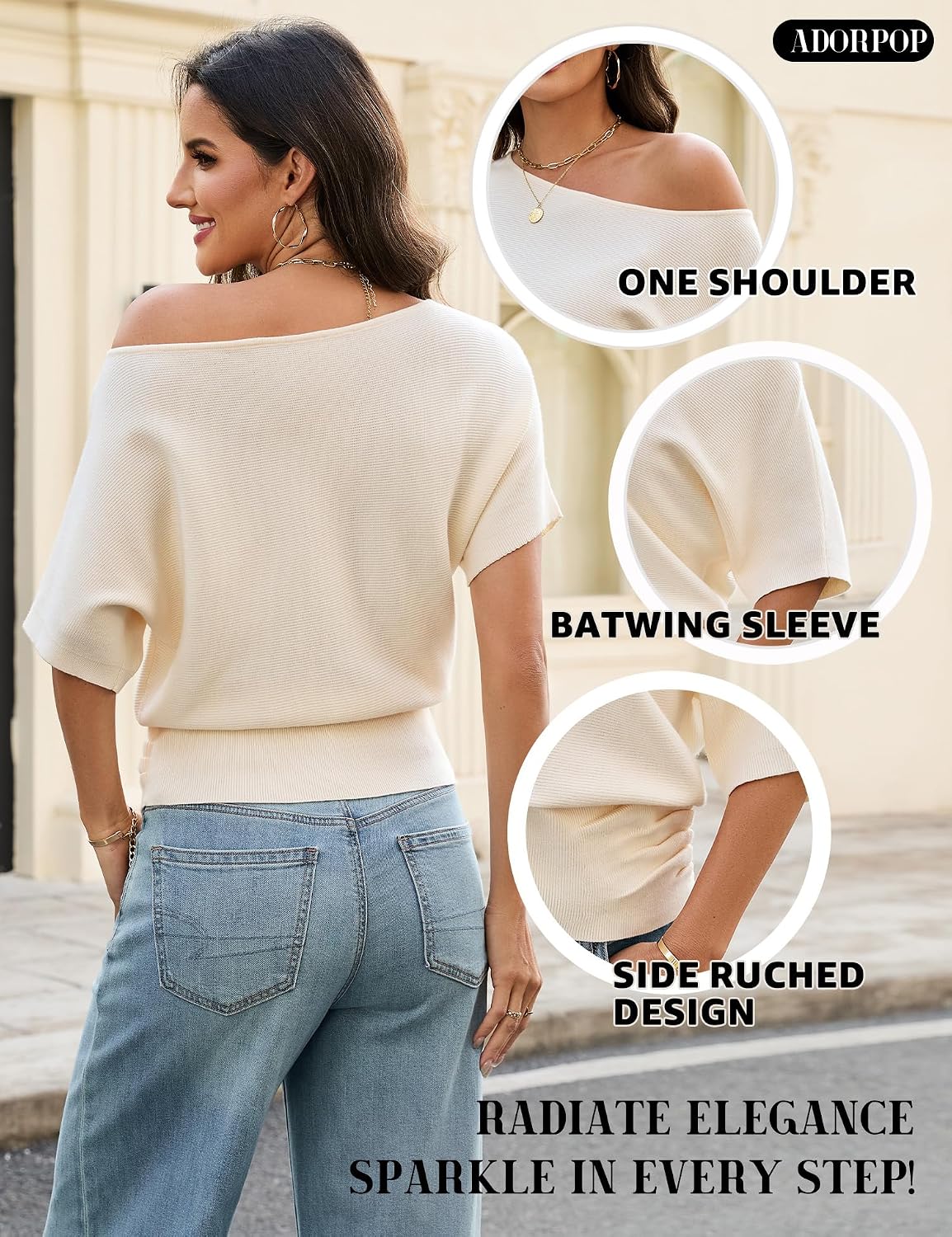 Off Shoulder Tops for Women - Short Sleeve Batwing Sweater Soft Cinched Waist Knit Summer Going Out Top Date Night