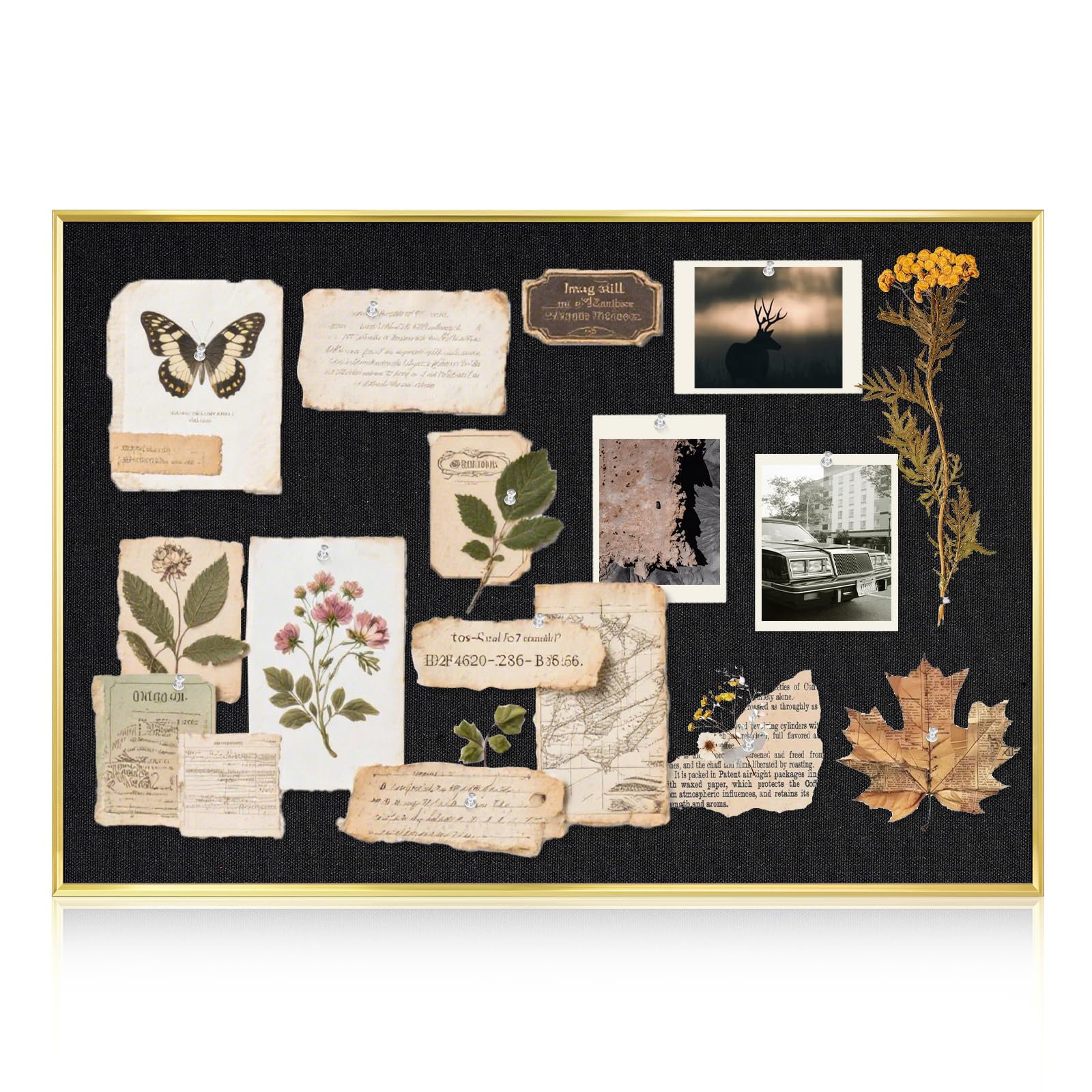 QUEENLINK Linen Bulletin Board 30 x 20 Inches, White Cork Board for Wall, Gold Aluminum Framed Fabric Pin Board Tack Board, 10 Push Pins, Black Linen