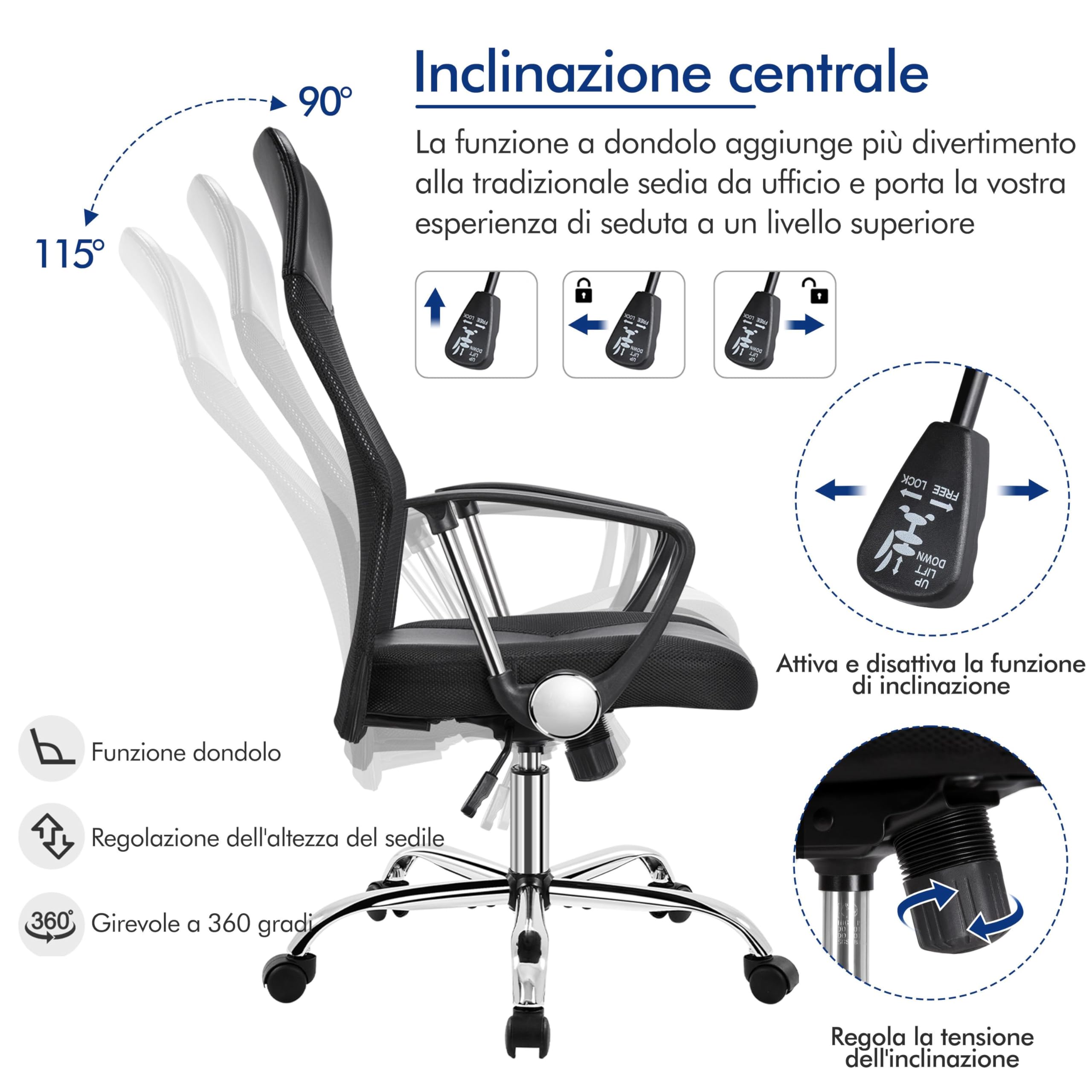 Yaheetech Sedia Ufficio Scrivania Ergonomica Schienale Alto Reclinabile Portata 135 kg Girevole a Rotelle Altezza Regolabile Imbottita Traspirante e Ecopelle con Braccioli e Poggiatesta Nera | Nera, Rete Traspirante, Altezza Regolabile, Rotelle 360°, Incl