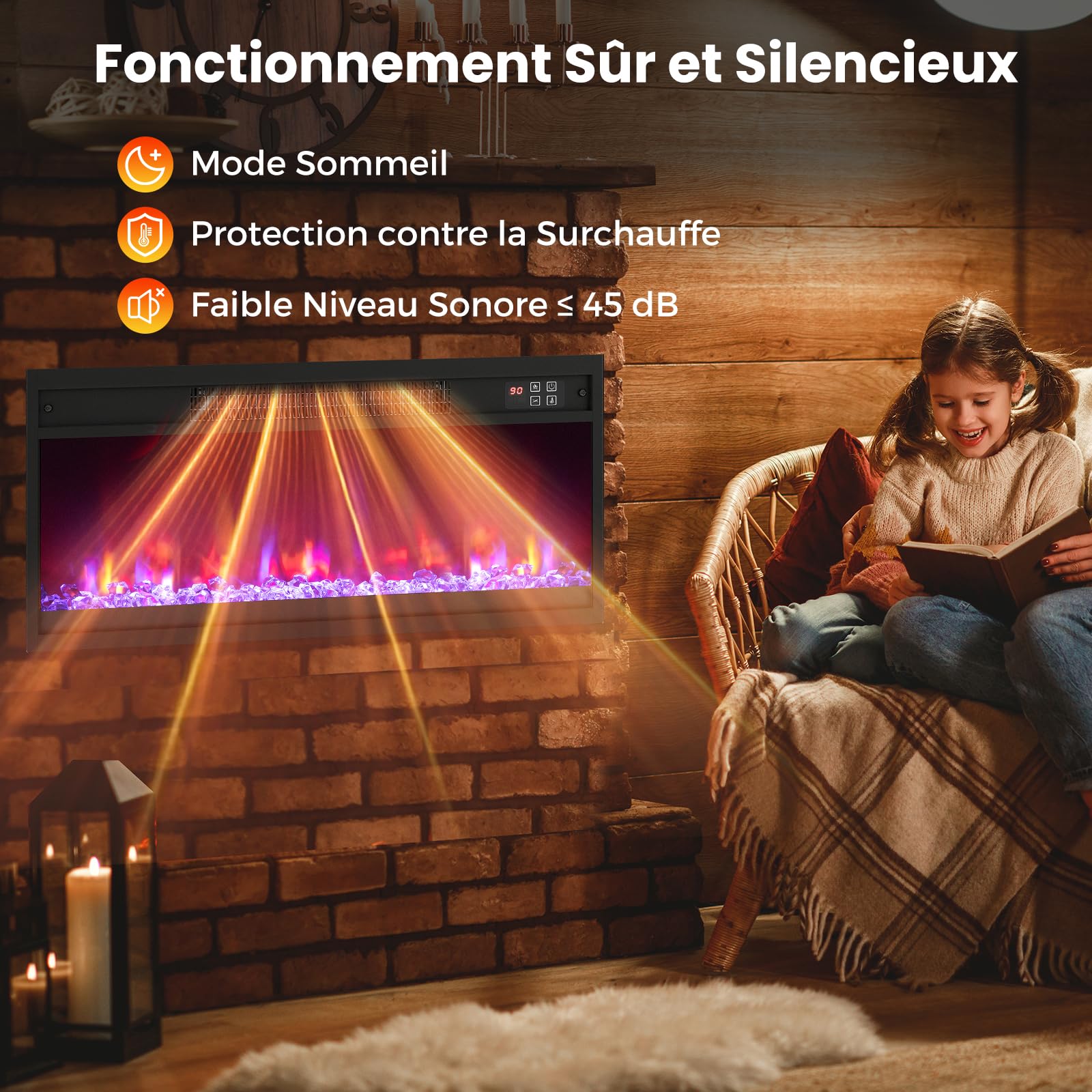 GOPLUS Cheminée Electrique avec Effet Flamme LED 1500W, Chauffage Réglable 17-32℃, Fausse Cheminée 8 Couleurs et 3 Luminosité Réglable, Cheminee Decorative Intégral avec Télécommande, Minuterie 9H