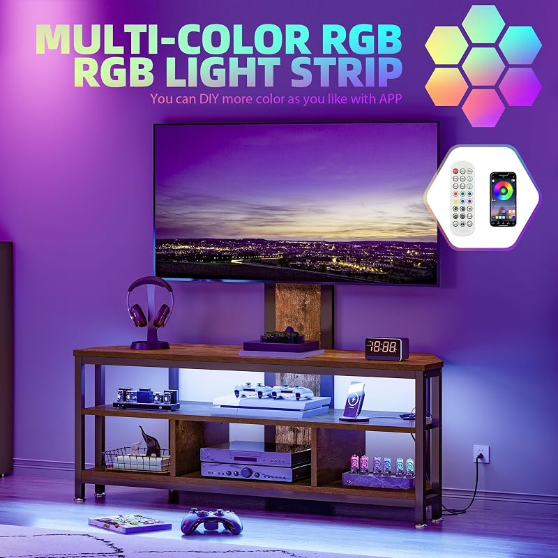 DWVO Corner TV Stand with Mount & LED, Height Adjustable, Rustic Brown image 7