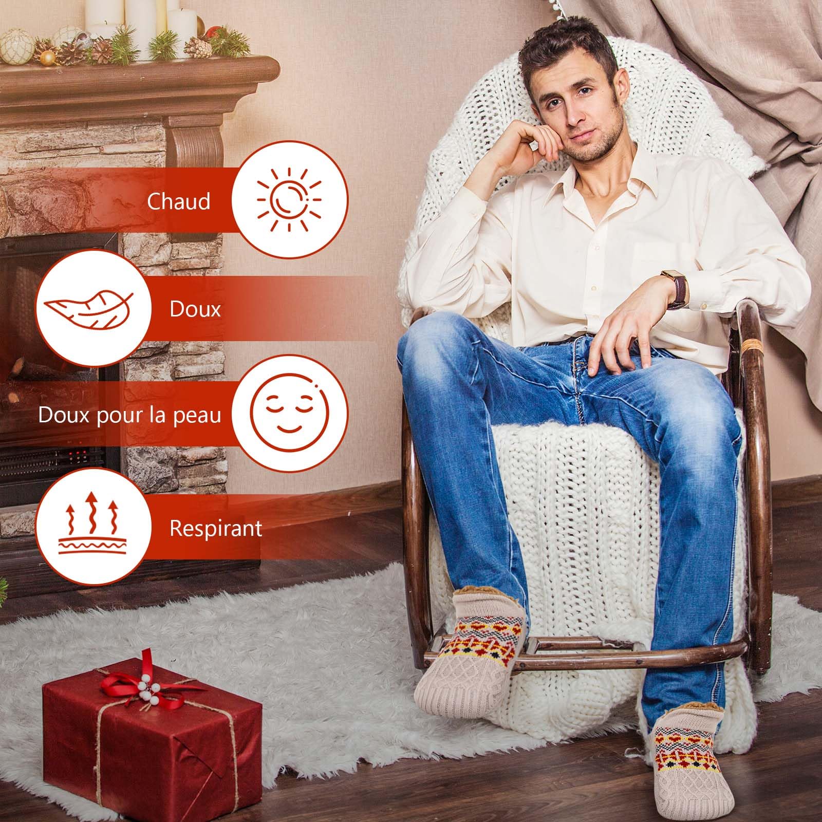PUTUO Chaussettes Antidérapantes pour Homme en Hiver : Chaussettes Antidérapantes pour Homme Chaussettes Thermiques à la Maison Épaisses et Chaudes 1 paire 39-46