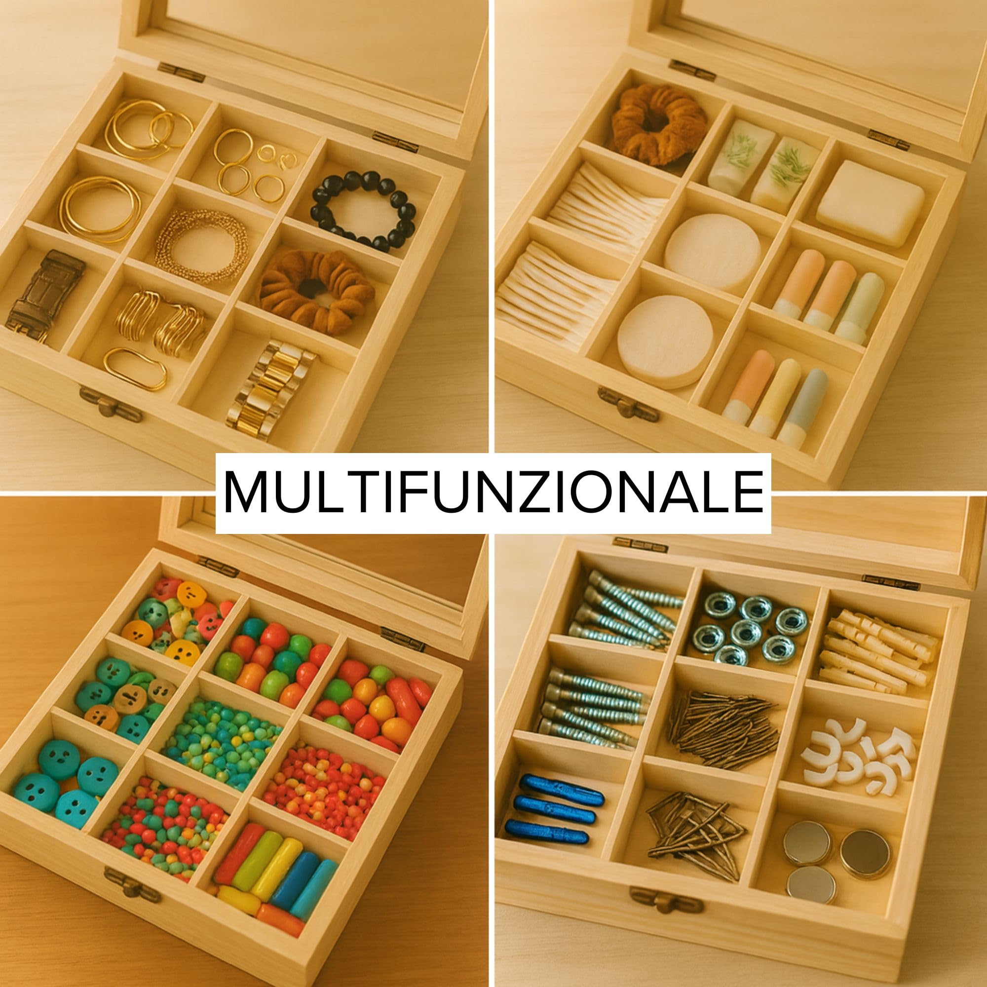 Scatola Porta Bustine Di Tè Con 10 Scomparti – Coperchio Trasparente, Legno, 30x10x9 Cm, Per Cucina E Ufficio